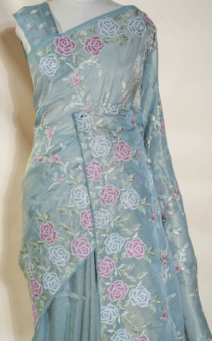 Silver Embroidery Tissue Saree