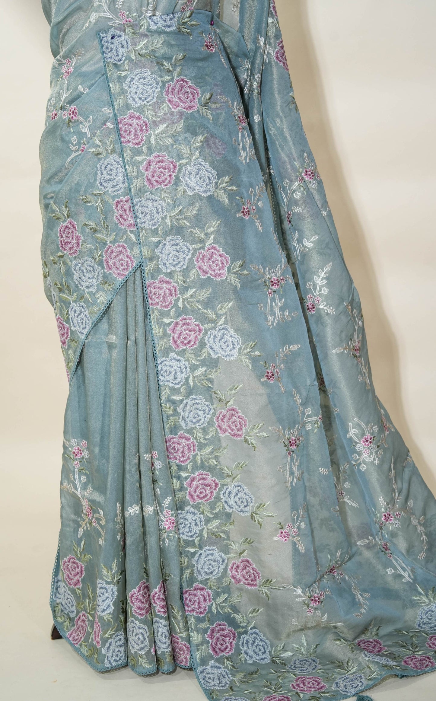 Silver Embroidery Tissue Saree