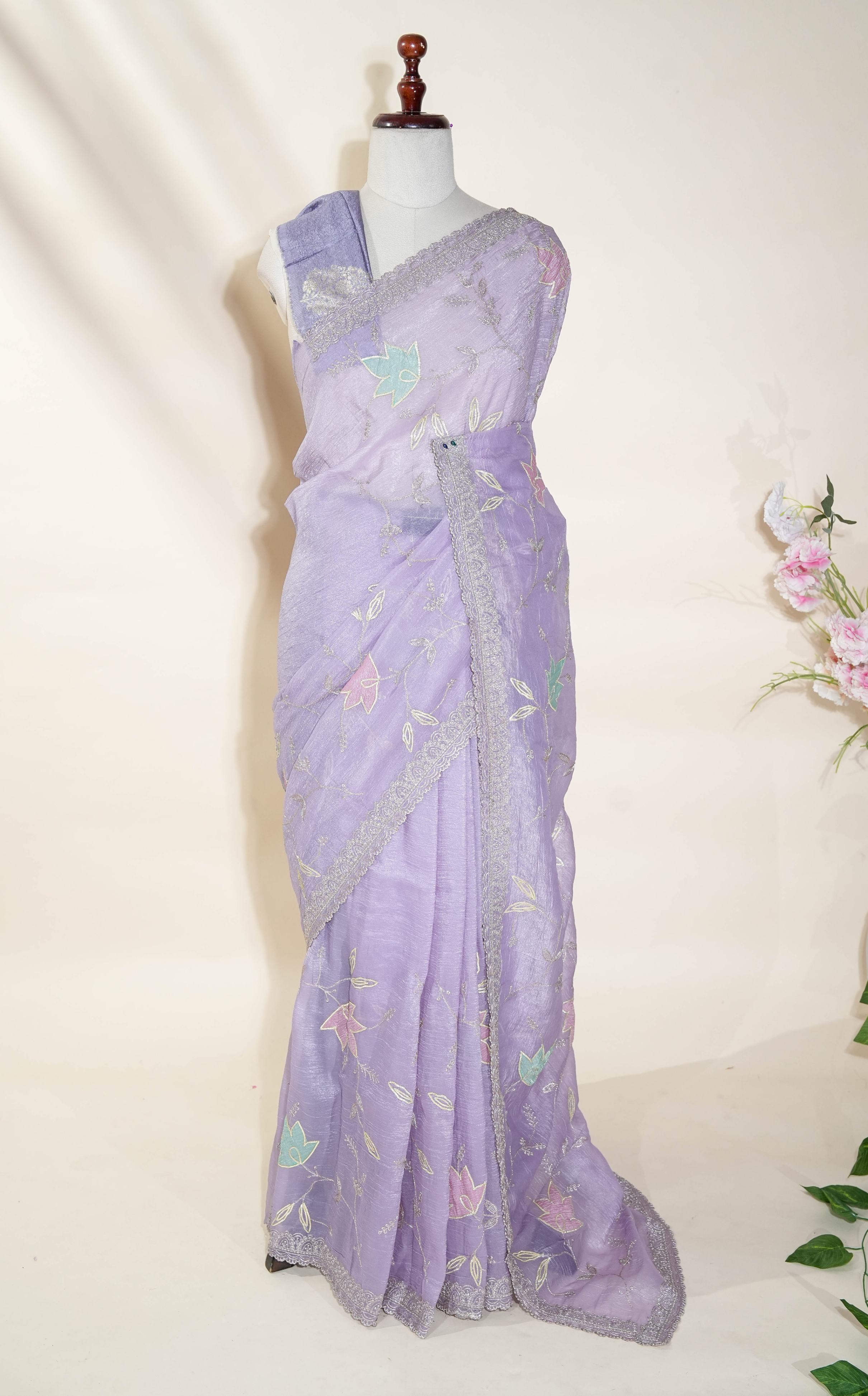 Purple Embroidery Organza Saree
