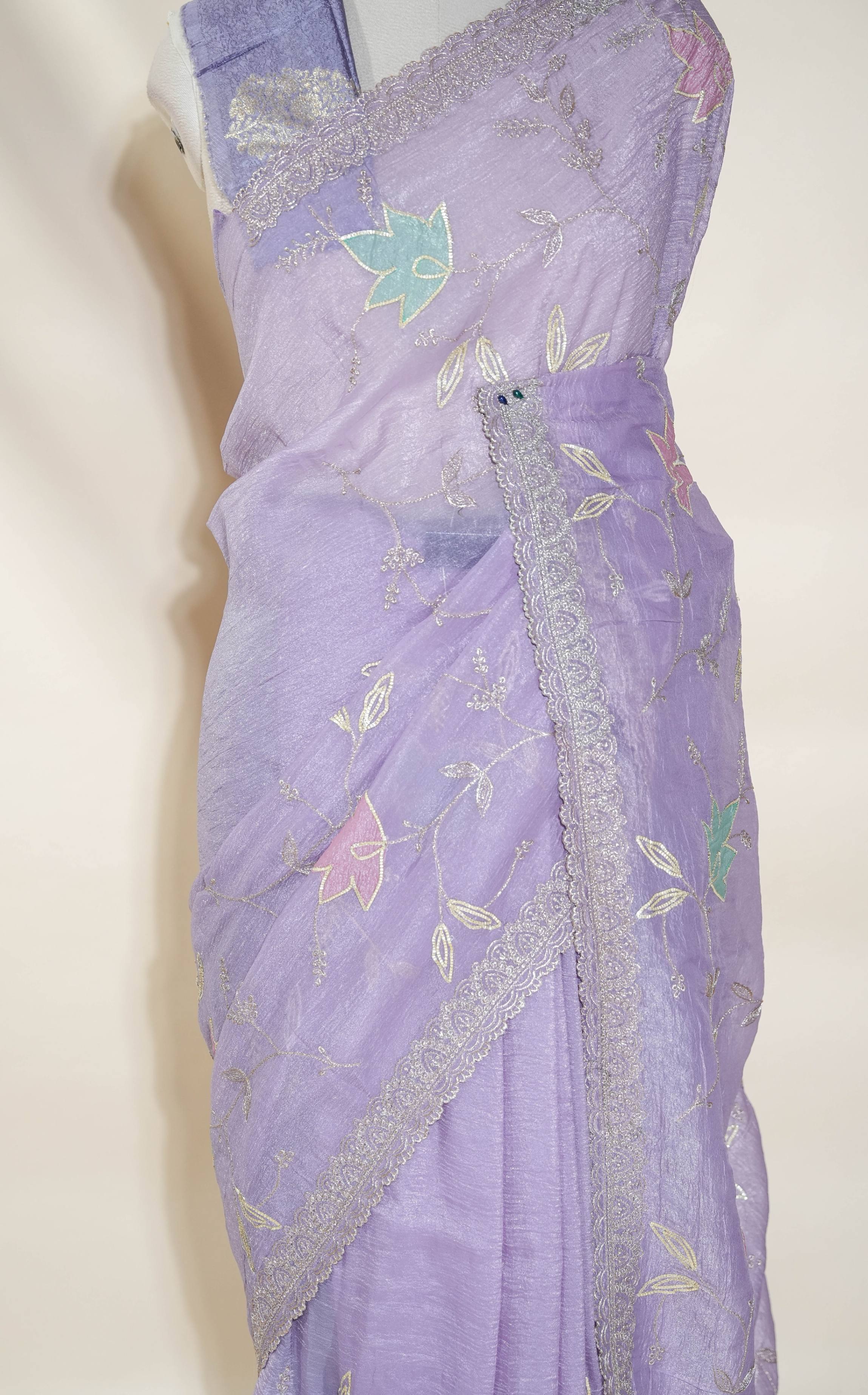 Purple Embroidery Organza Saree
