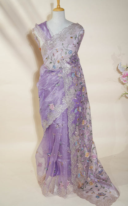 Purple Embroidery Tissue Saree