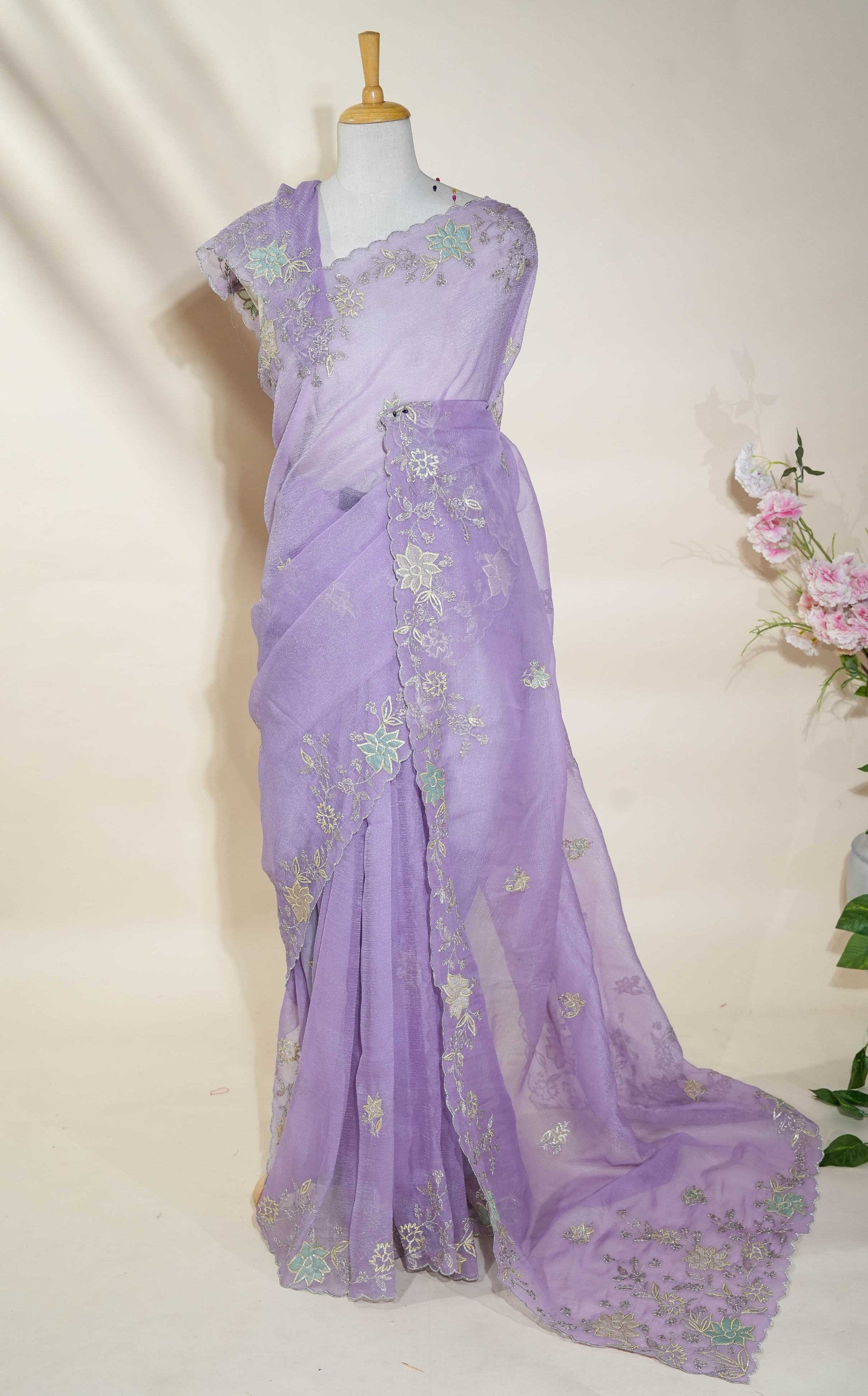 Purple Embroidery Organza Saree