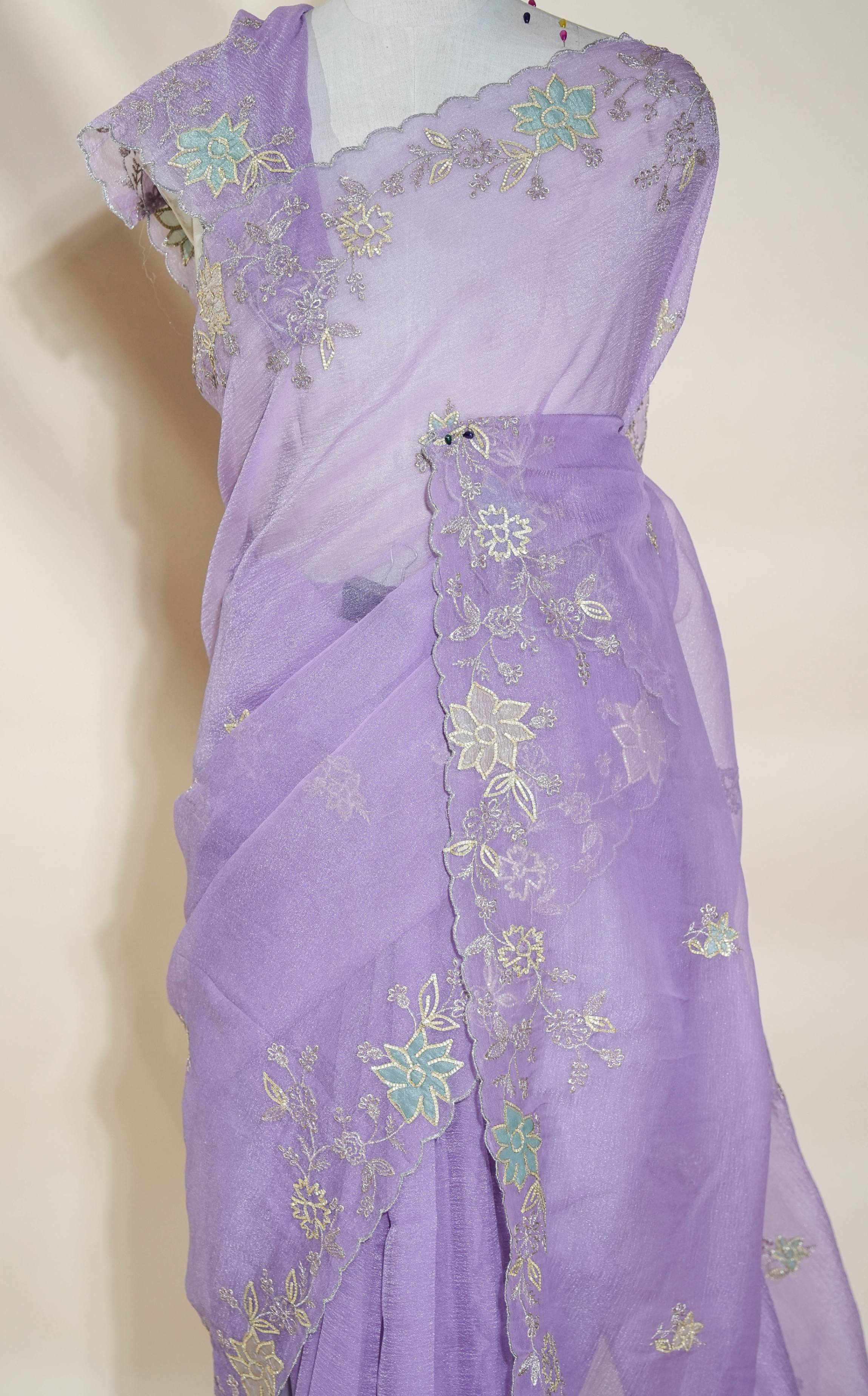 Purple Embroidery Organza Saree
