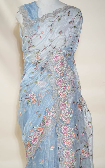 Ferozi Embroidery Tissue Saree