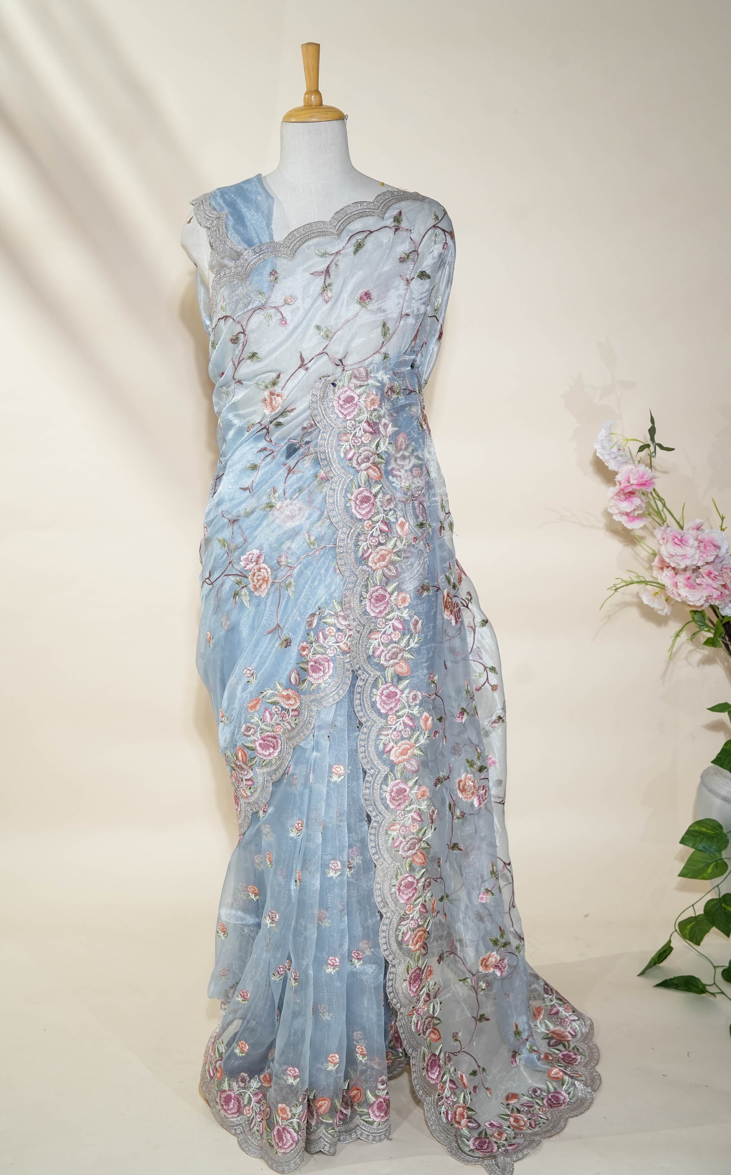 Ferozi Embroidery Tissue Saree