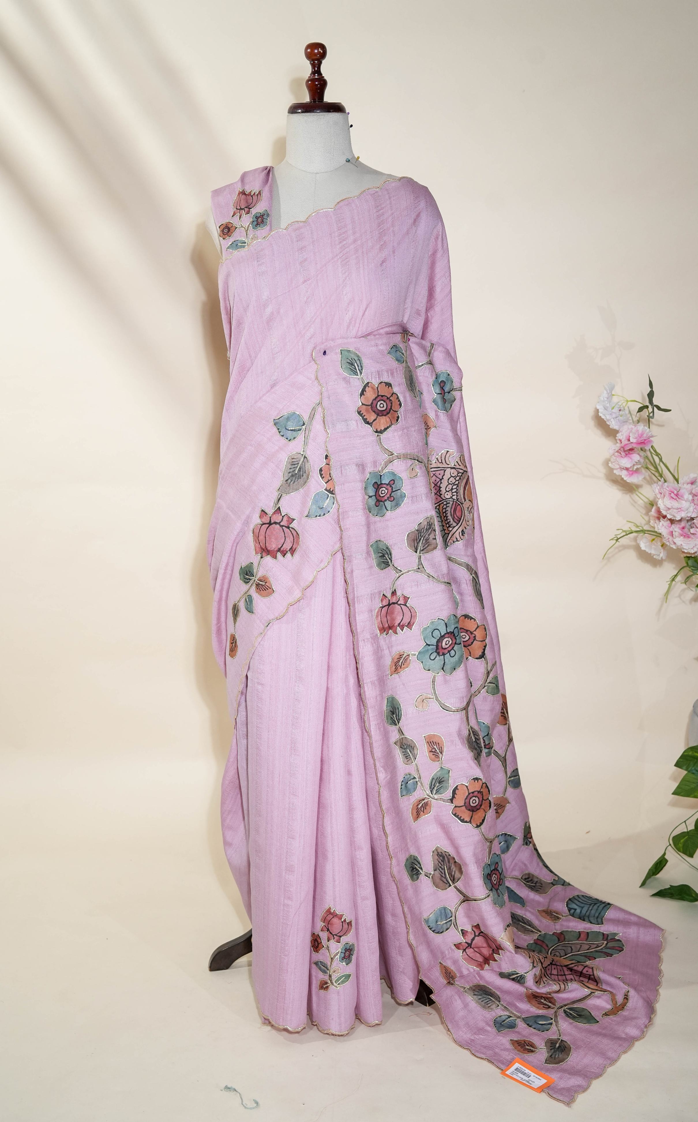 Pink Printed Embroidery Tussar Saree