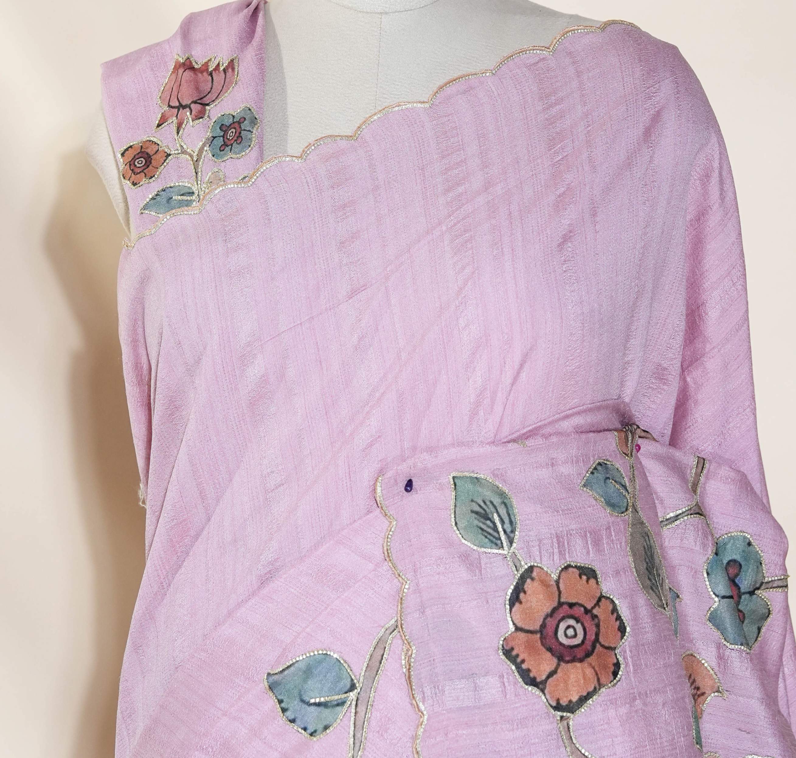 Pink Printed Embroidery Tussar Saree