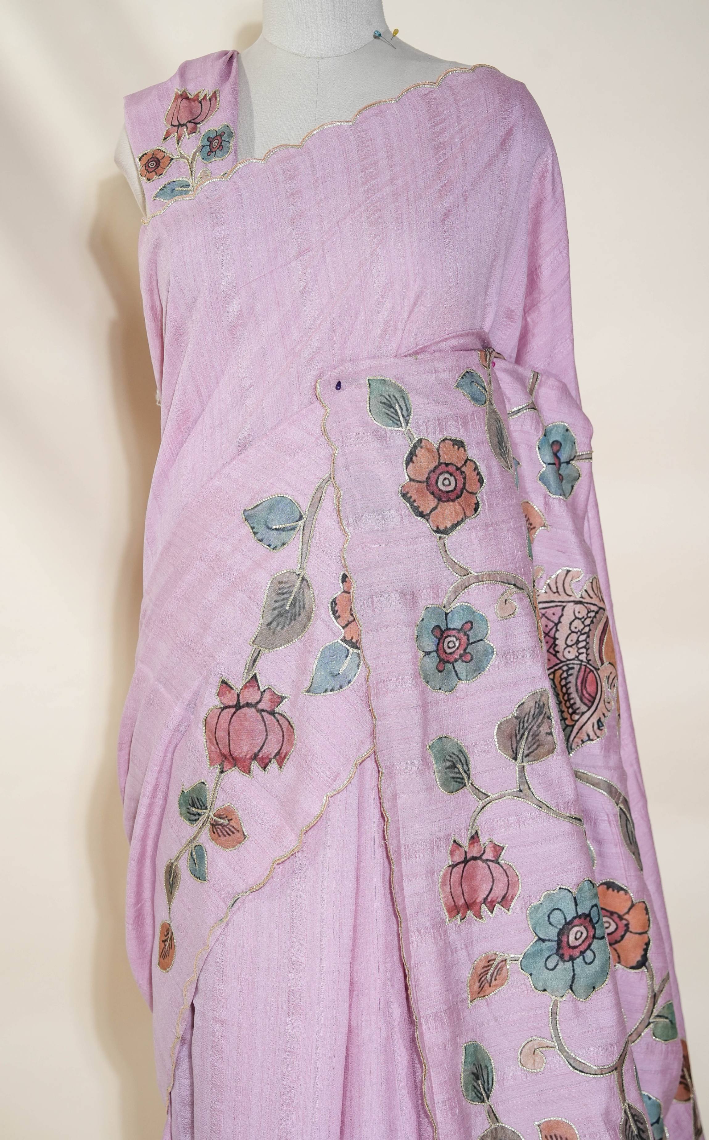 Pink Printed Embroidery Tussar Saree