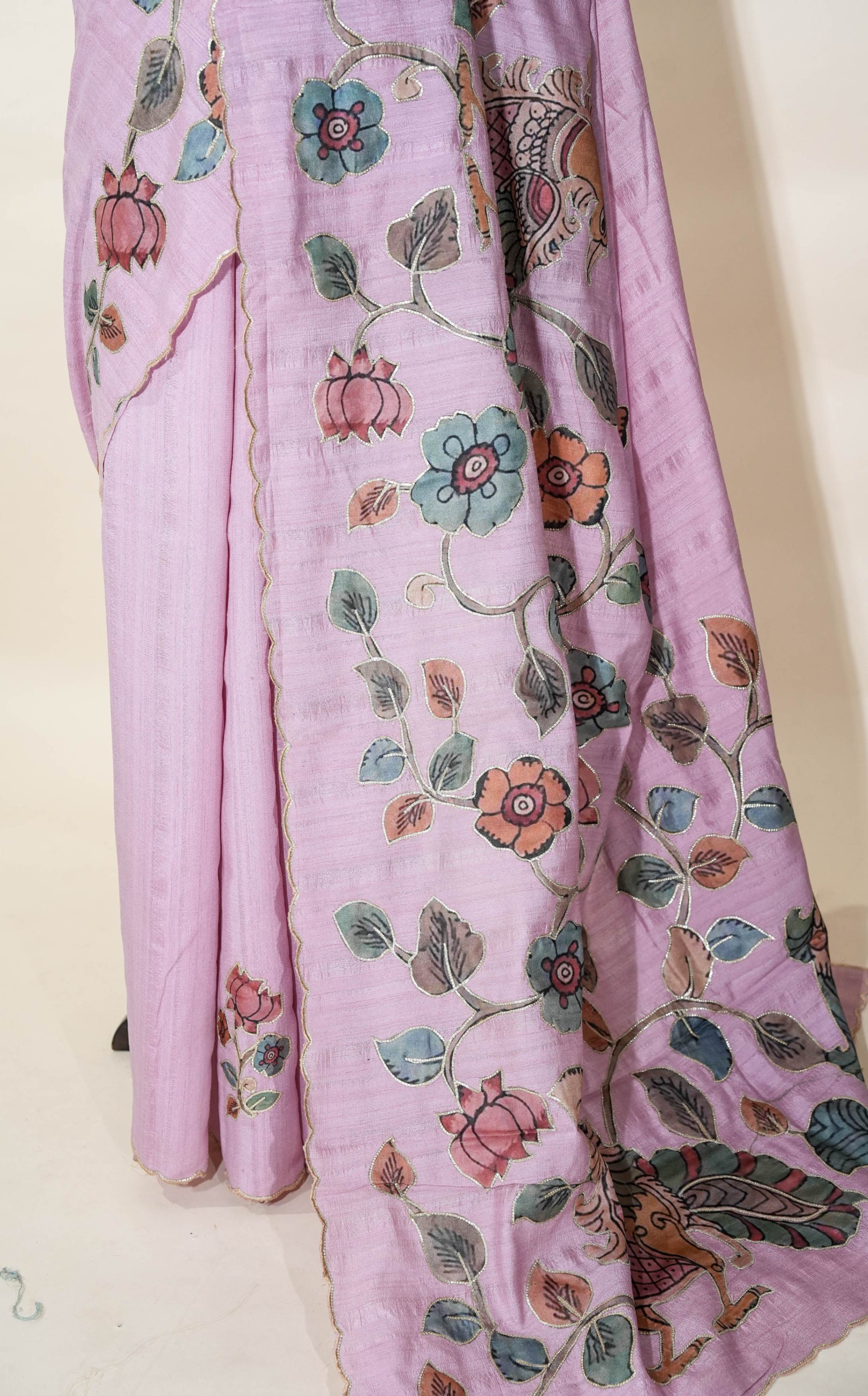 Pink Printed Embroidery Tussar Saree