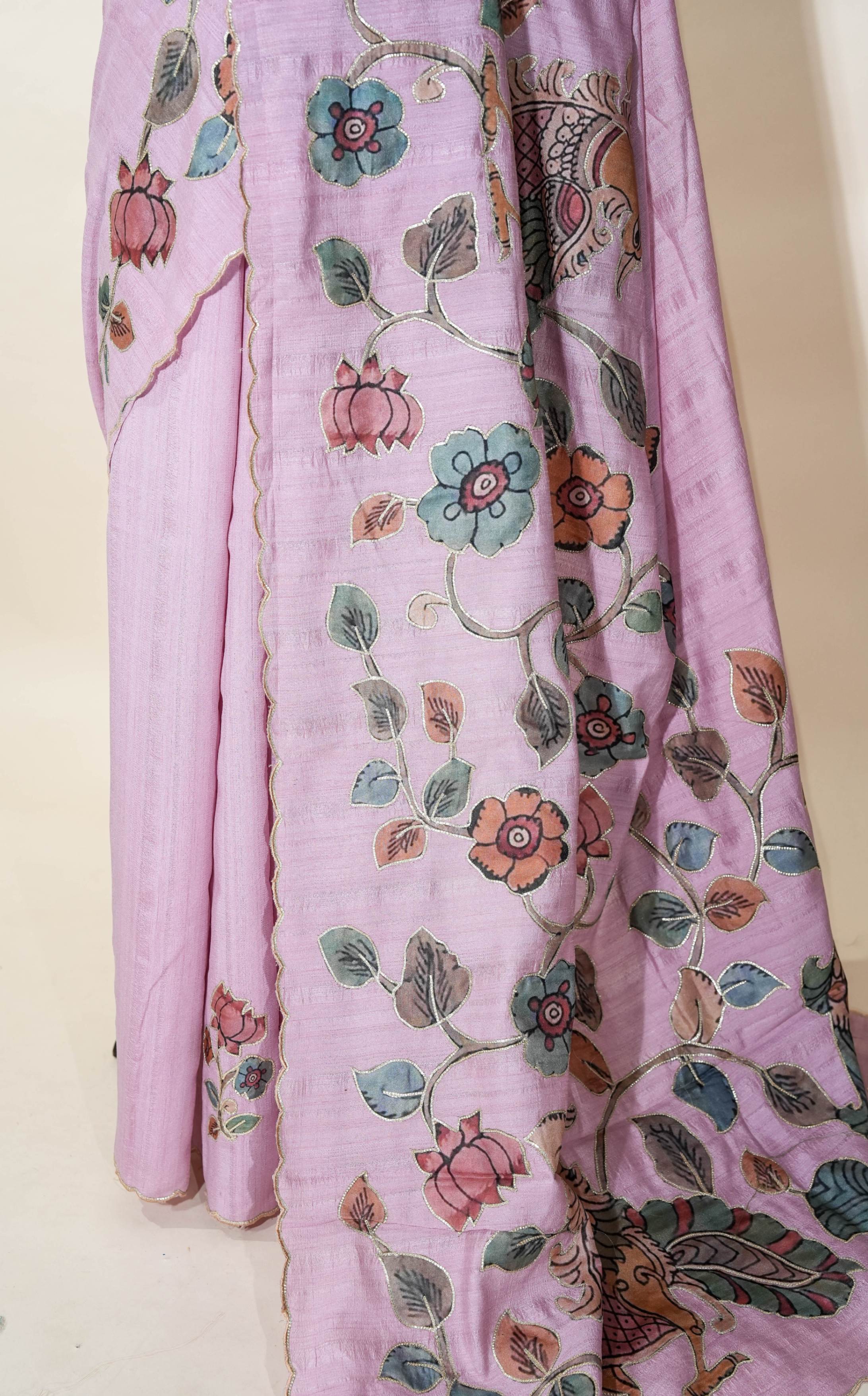 Pink Printed Embroidery Tussar Saree