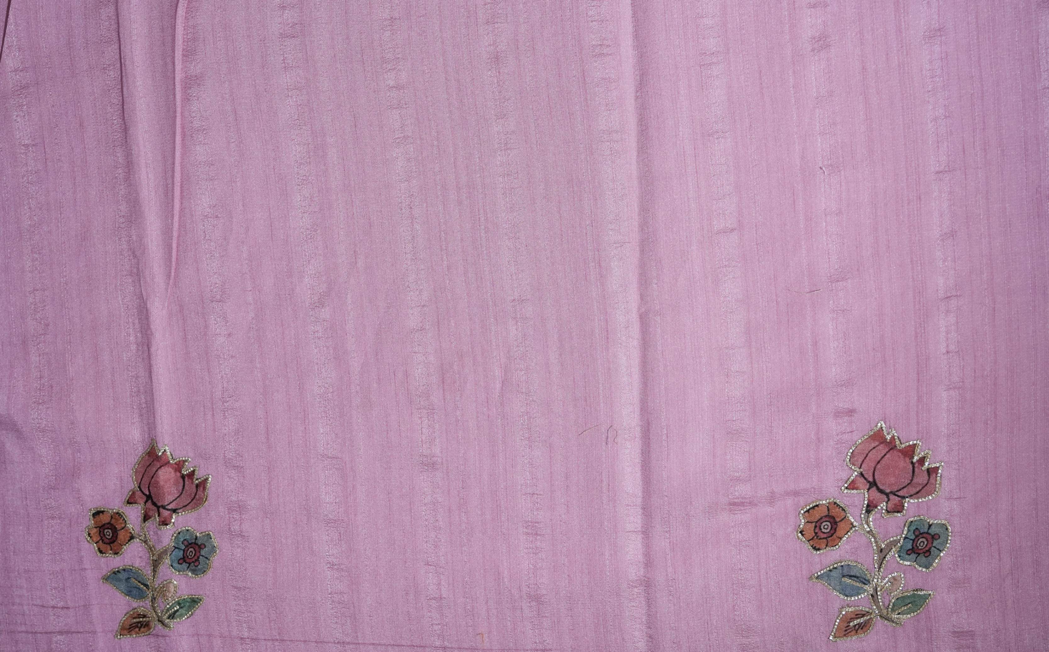 Pink Printed Embroidery Tussar Saree
