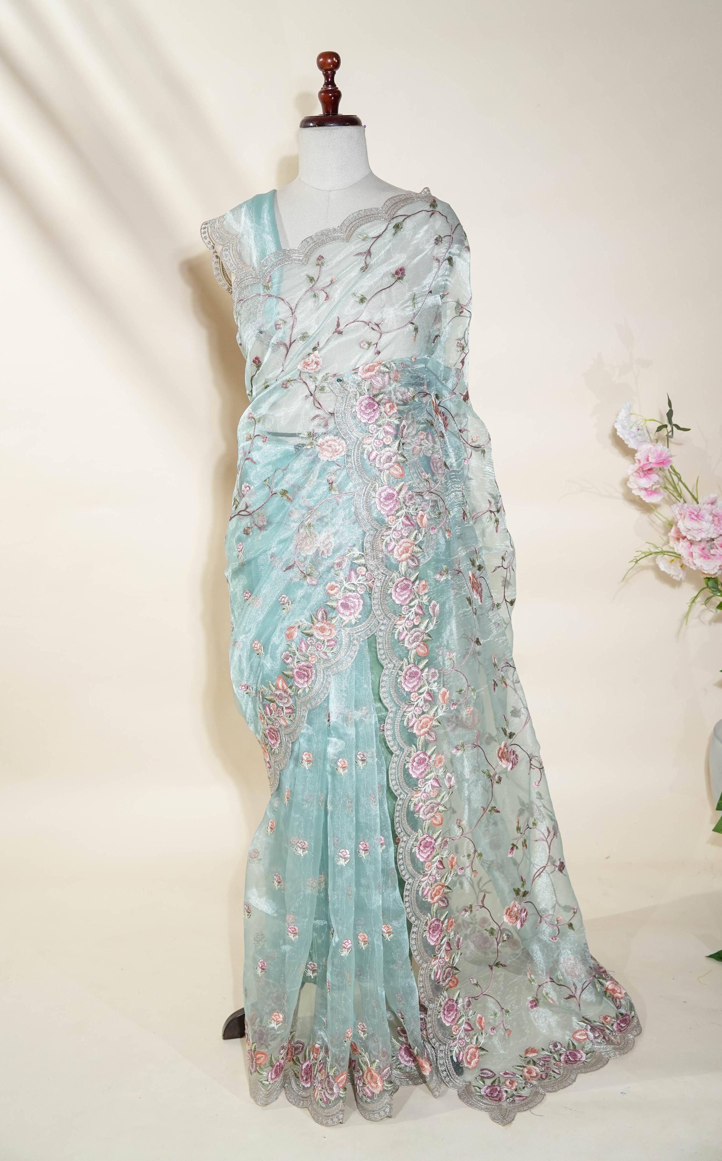 Ferozi Embroidery Tissue Saree