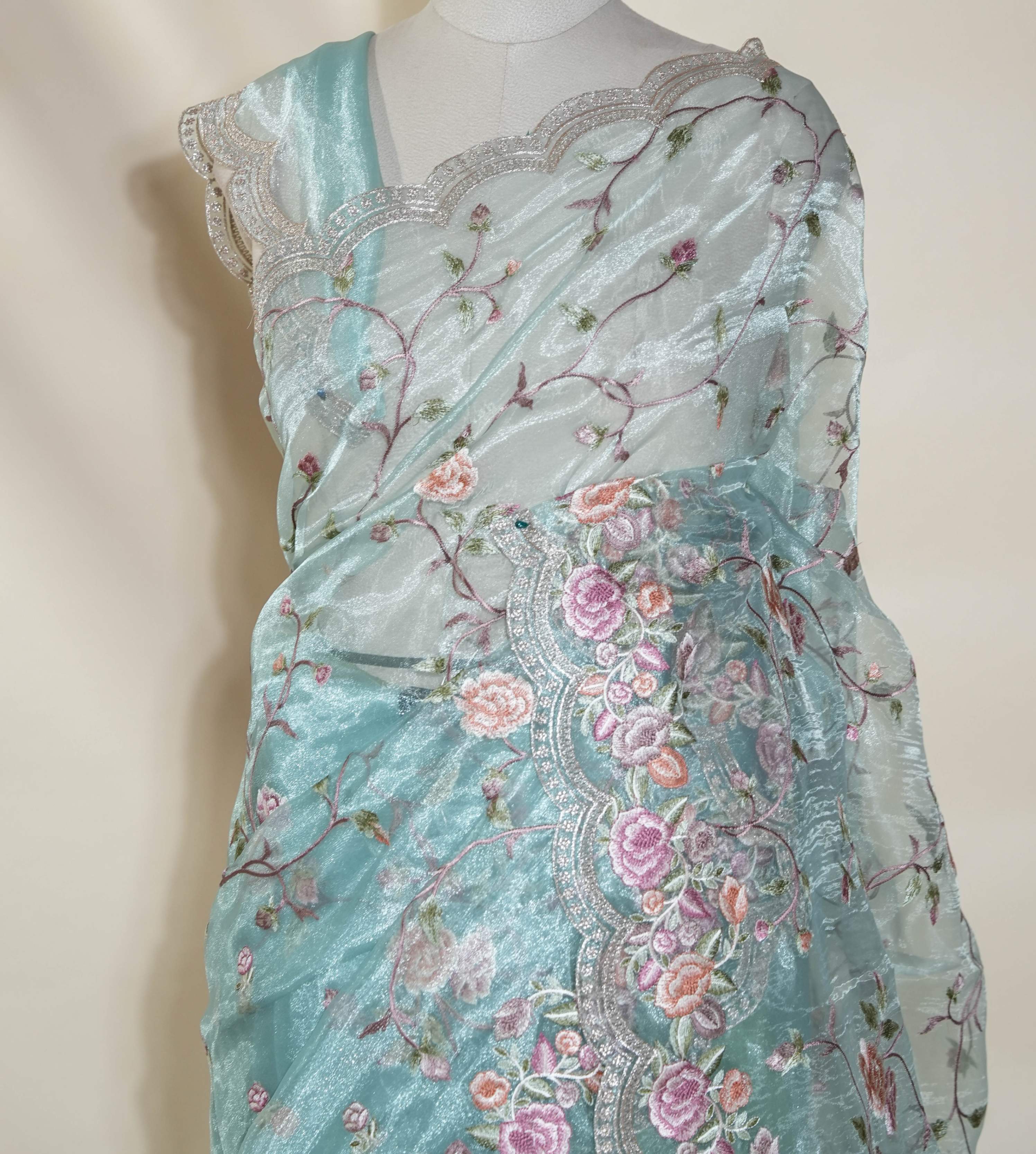 Ferozi Embroidery Tissue Saree