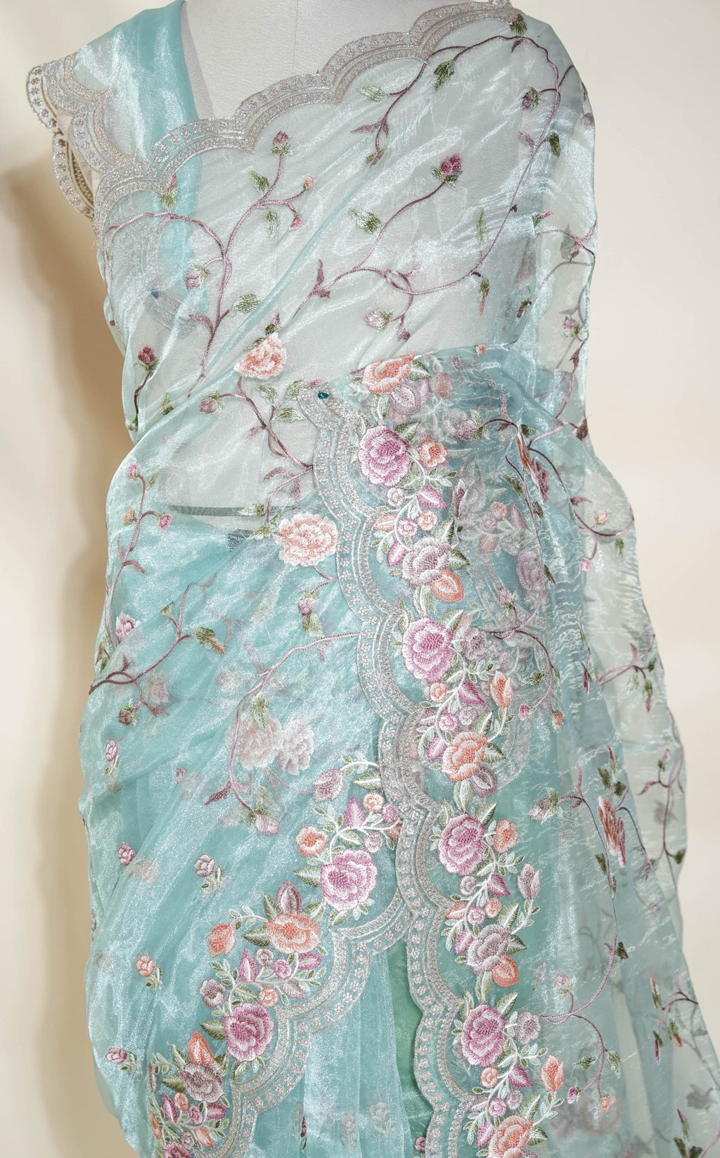 Ferozi Embroidery Tissue Saree