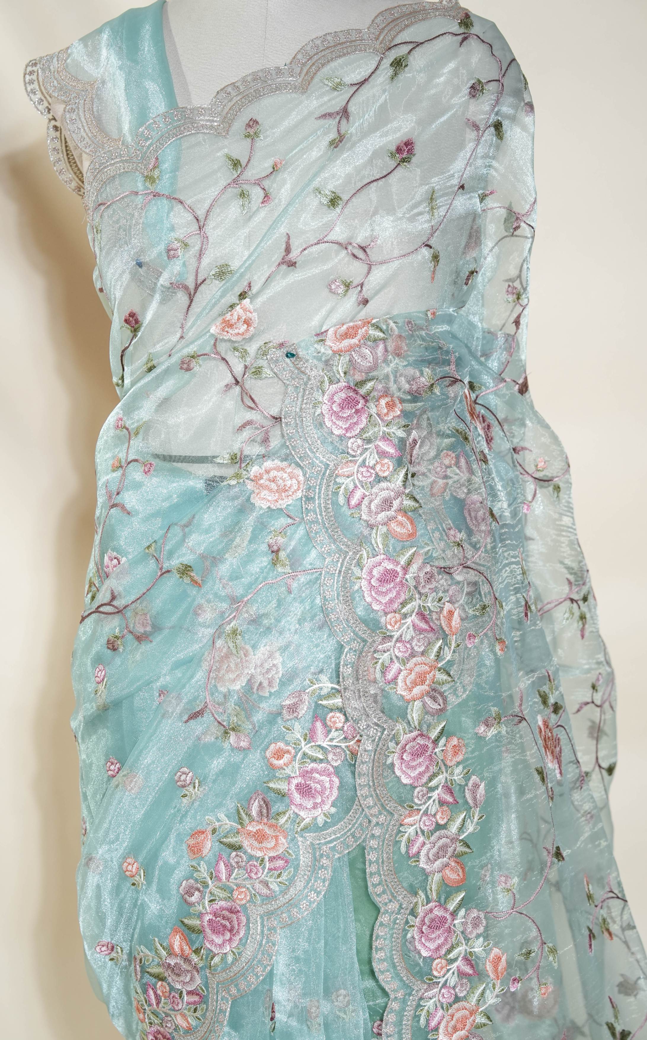 Ferozi Embroidery Tissue Saree
