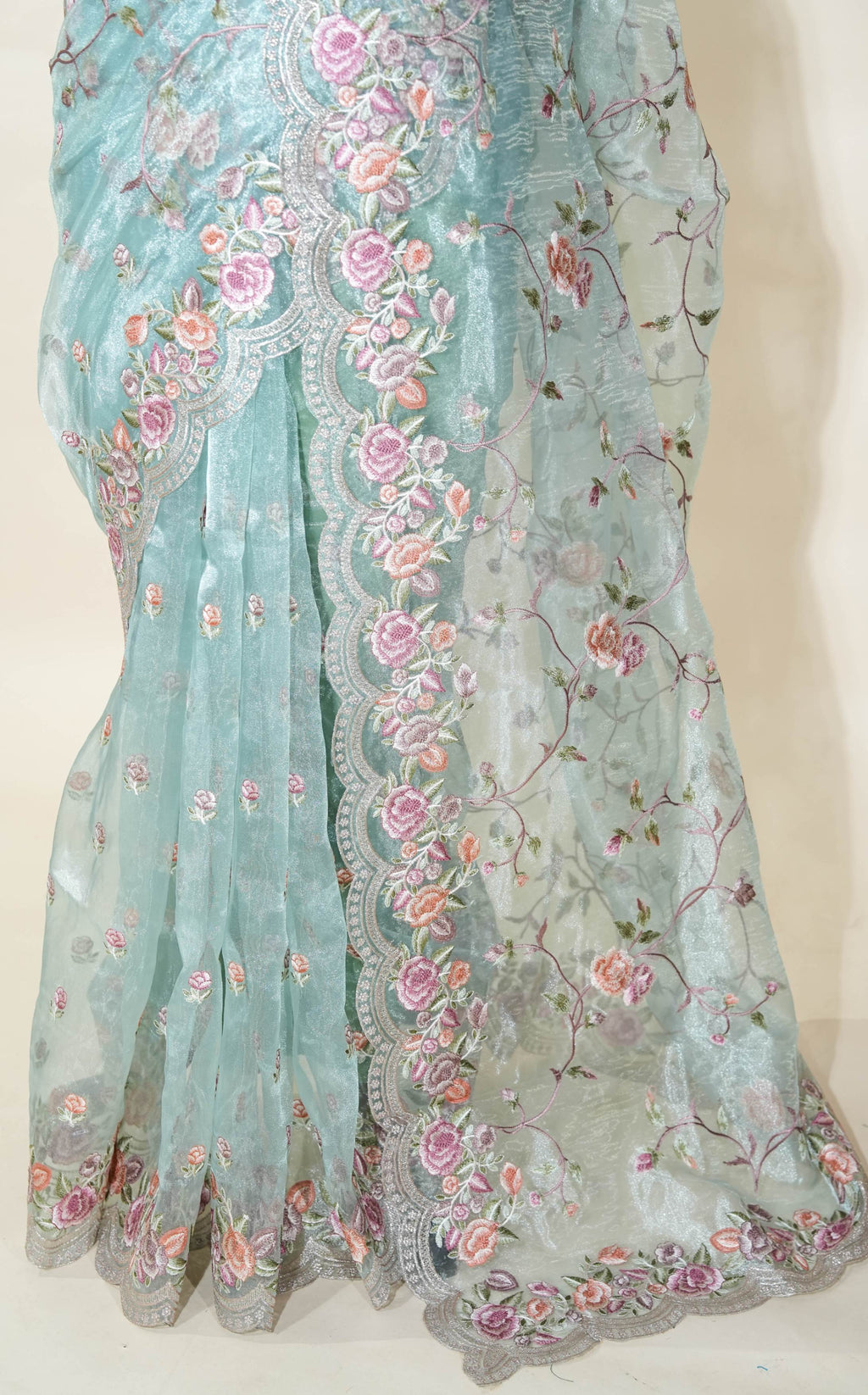 Ferozi Embroidery Tissue Saree
