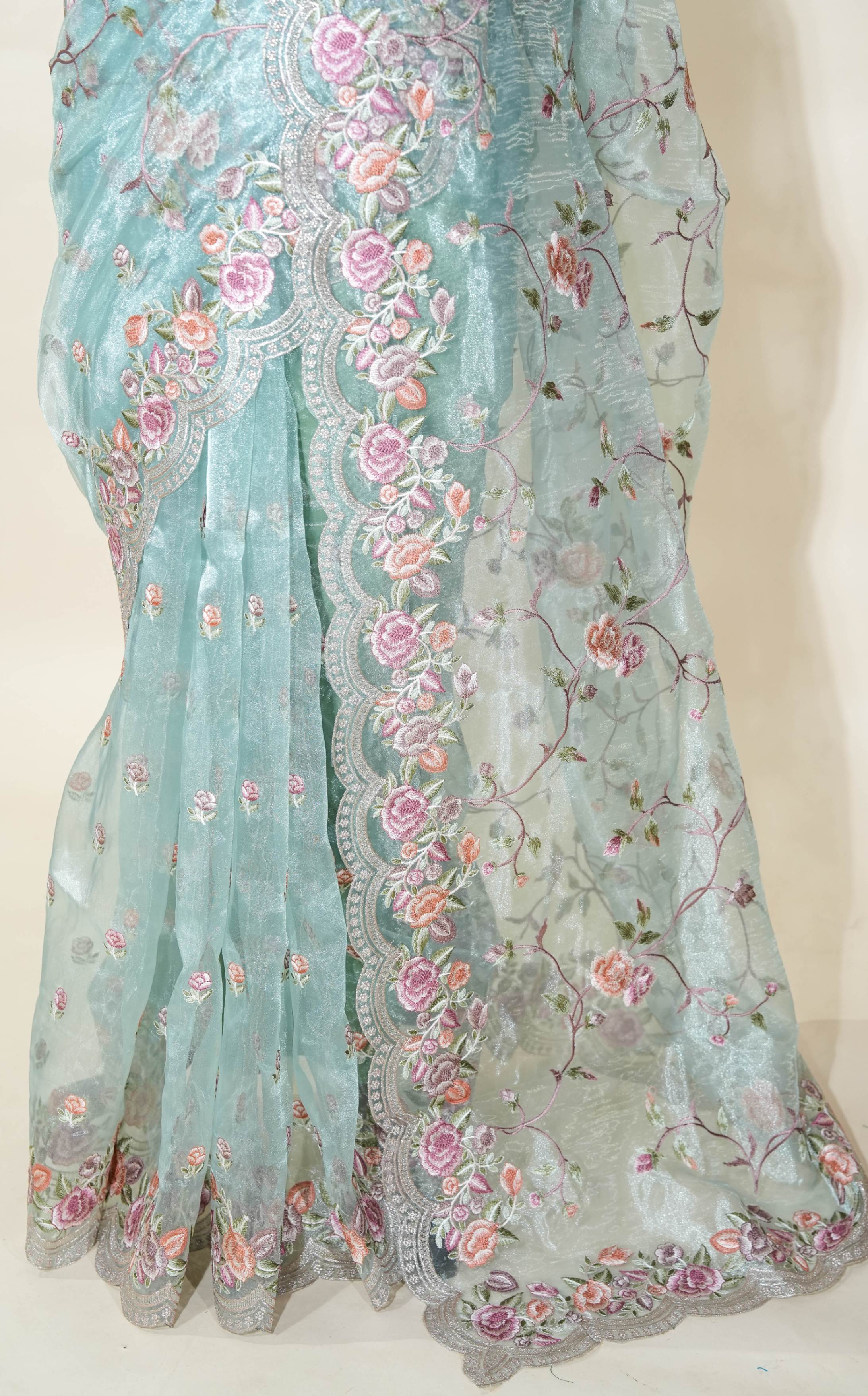 Ferozi Embroidery Tissue Saree