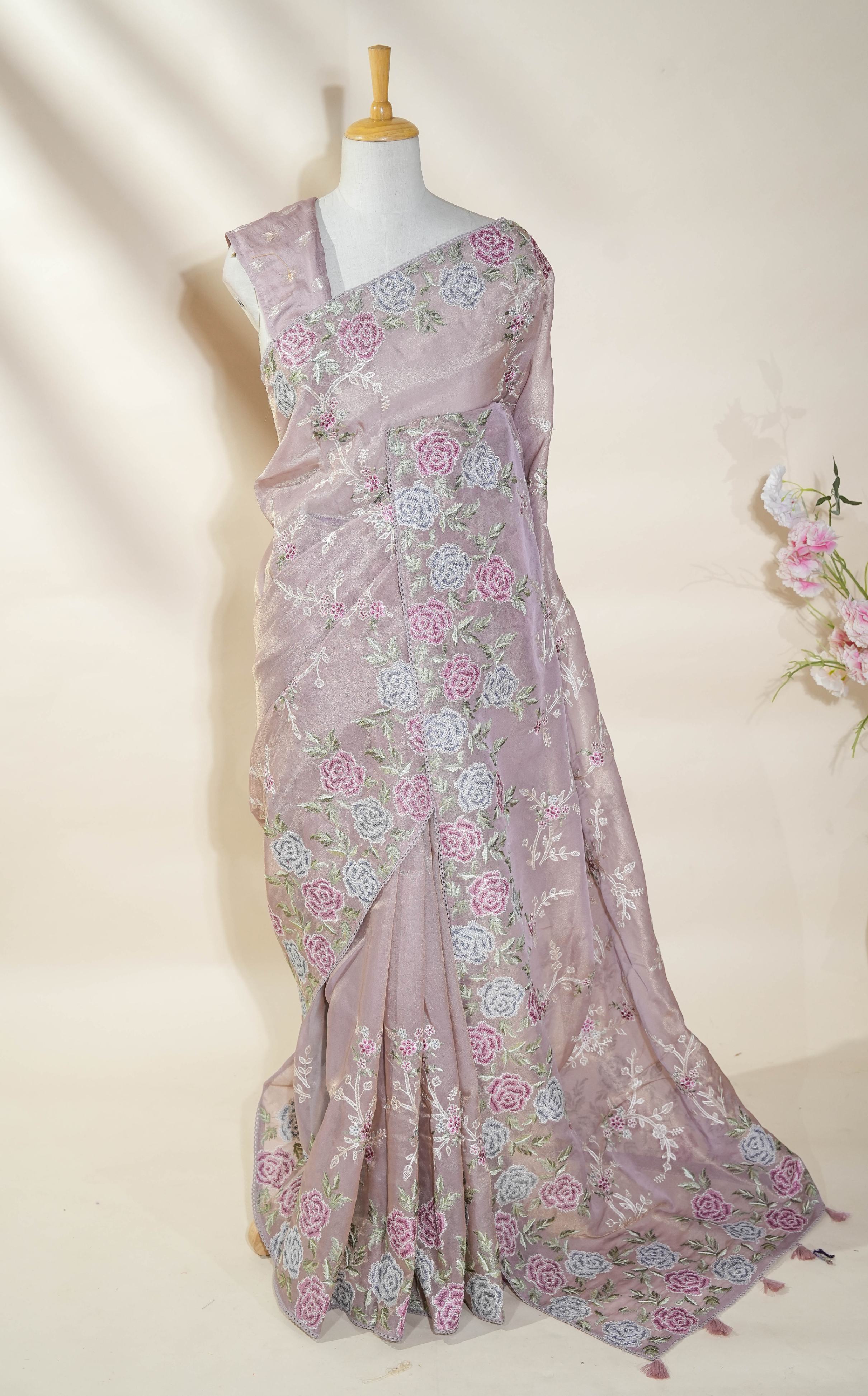 Pink Embroidery Tissue Saree