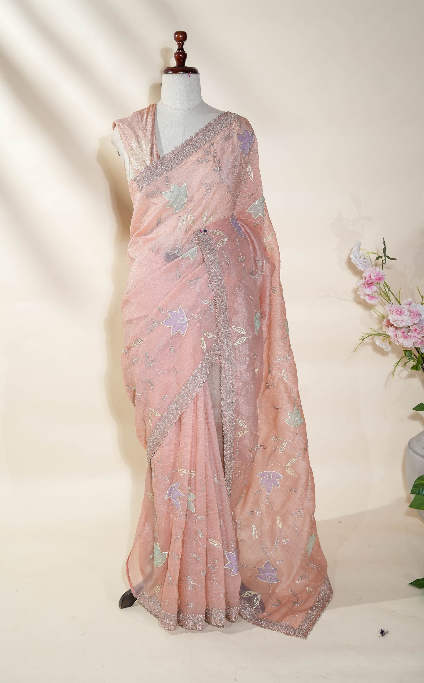 Pastel Embroidery Organza Saree