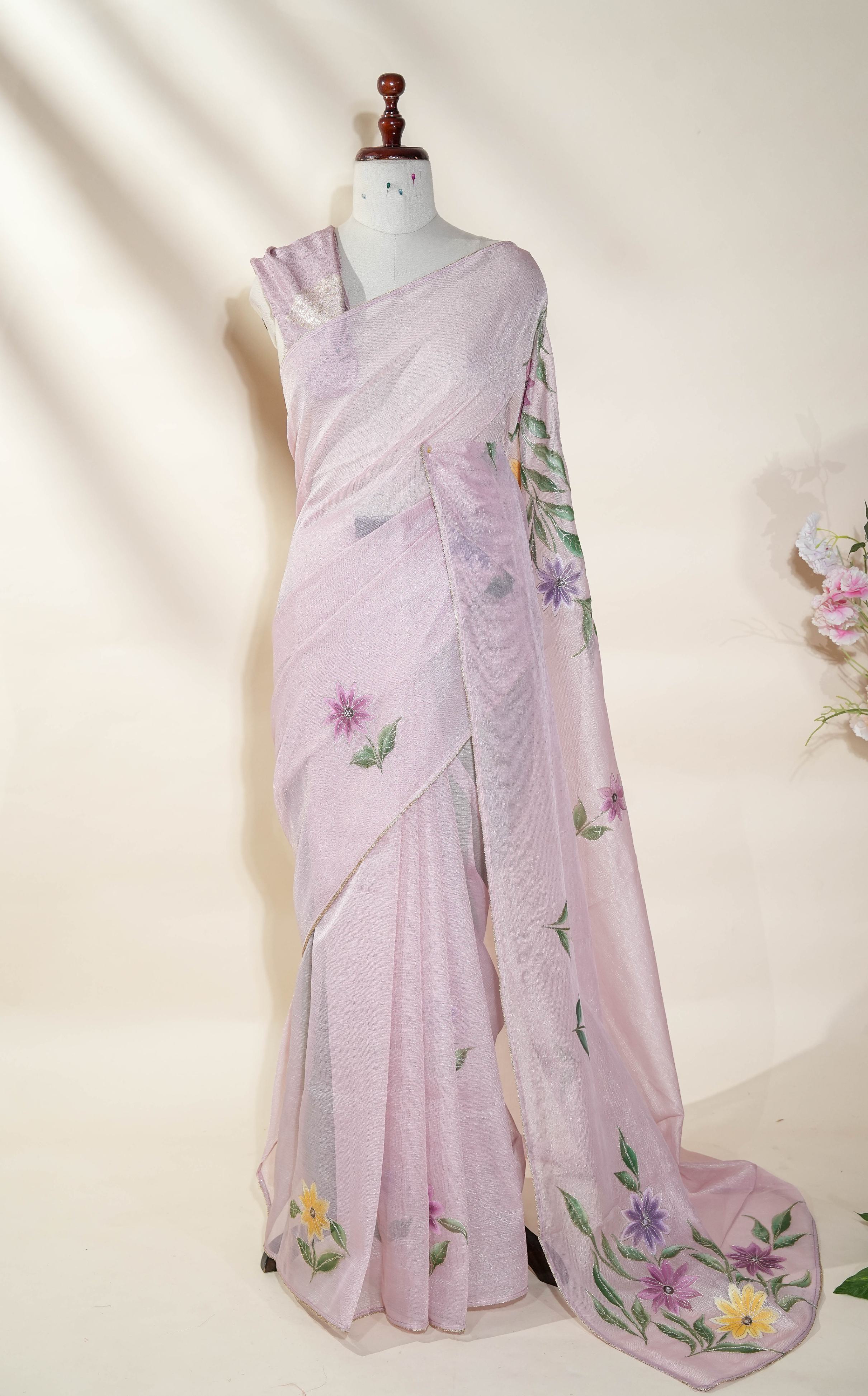 Pink Printed Embroidery Tissue Saree