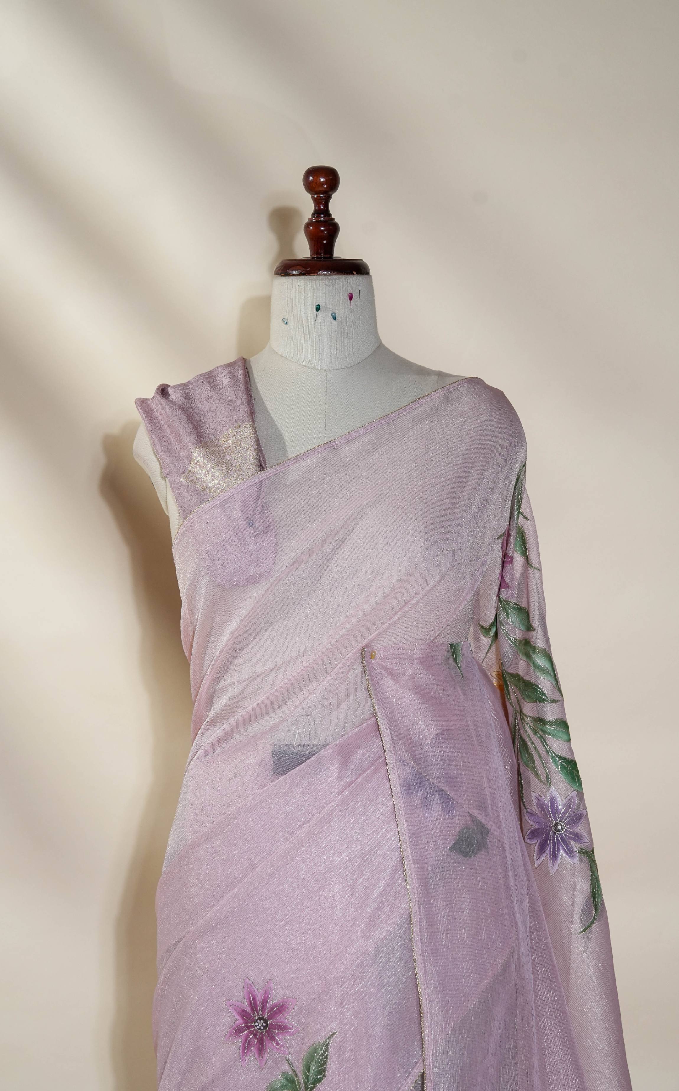 Pink Printed Embroidery Tissue Saree