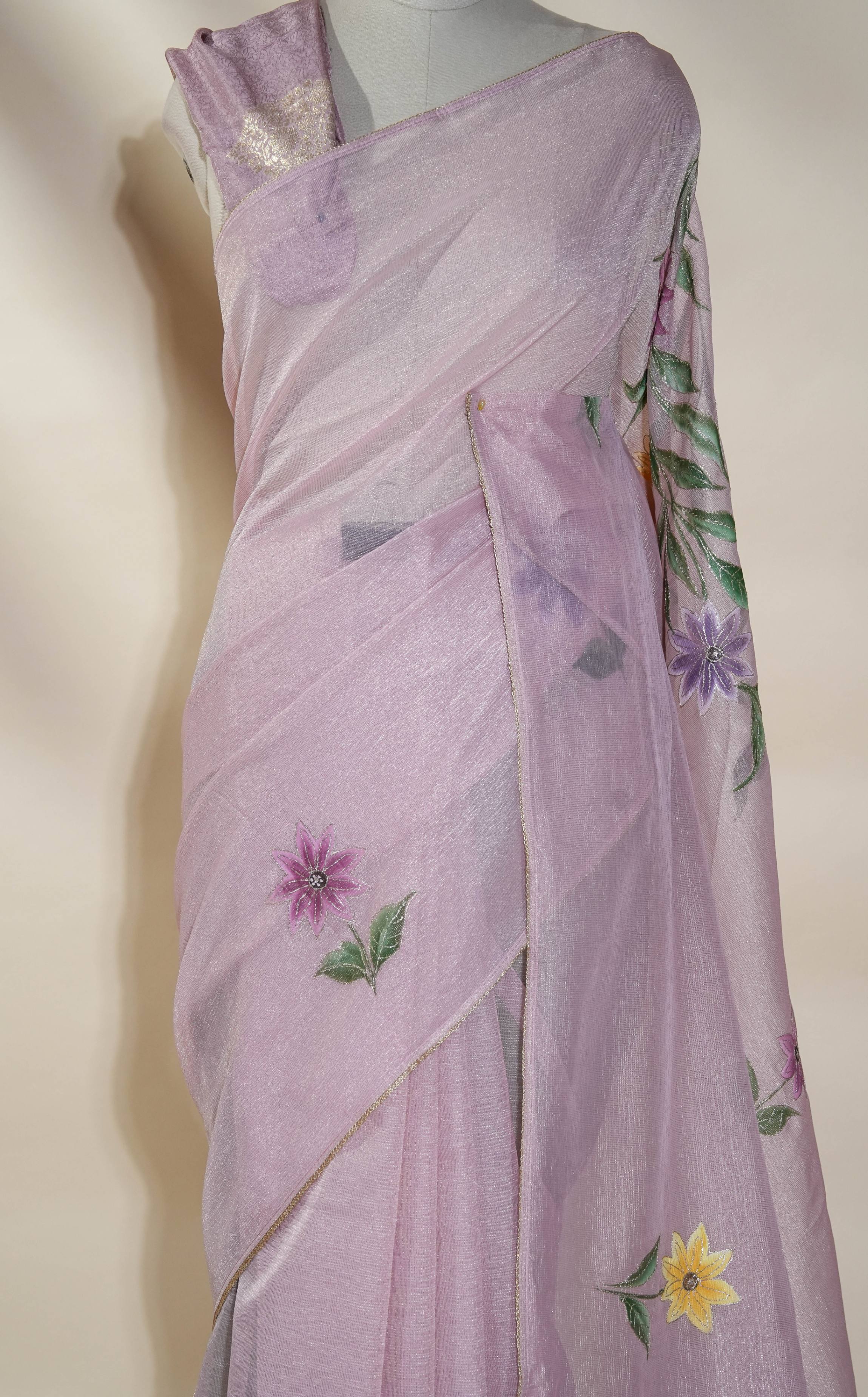 Pink Printed Embroidery Tissue Saree