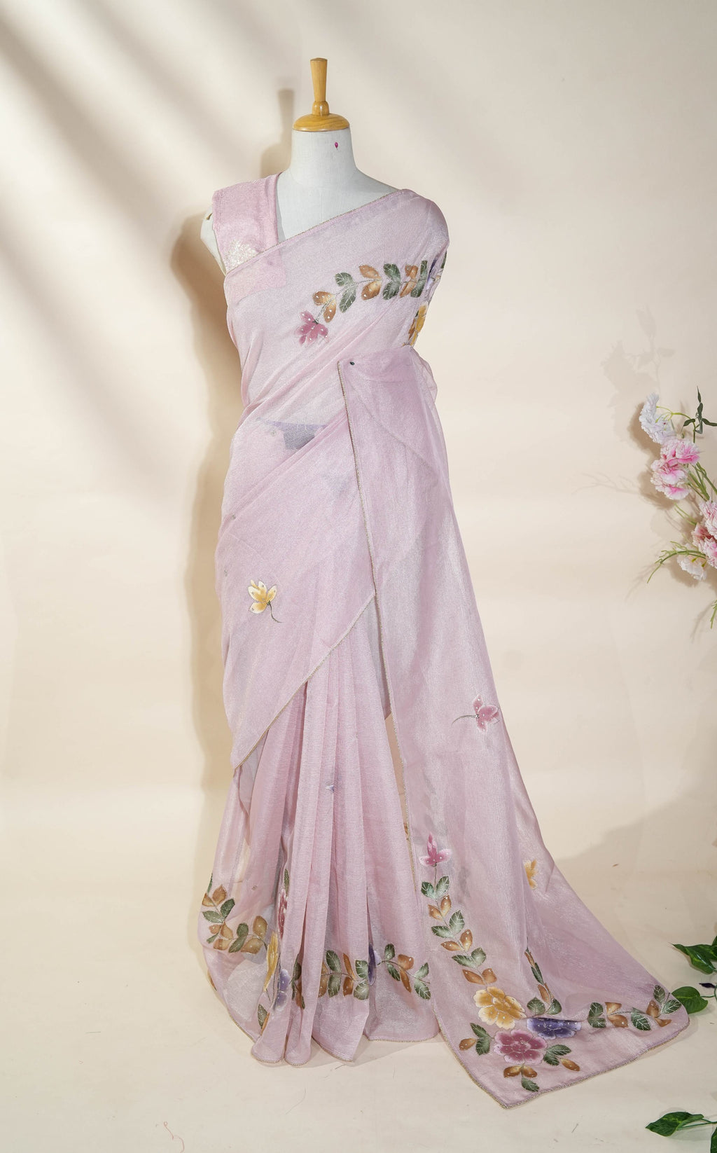 Pink Printed Embroidery Tissue Saree