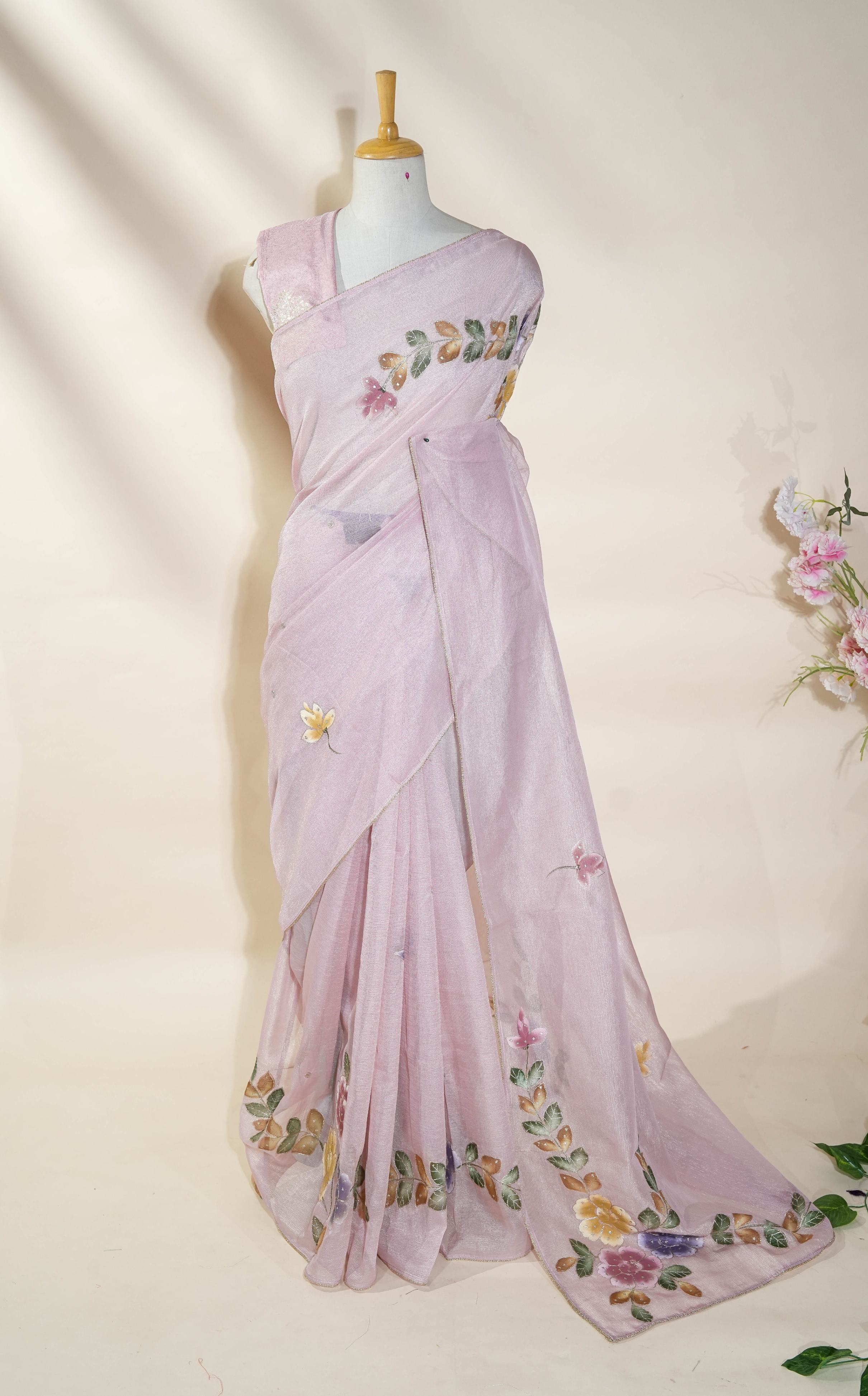 Pink Printed Embroidery Tissue Saree