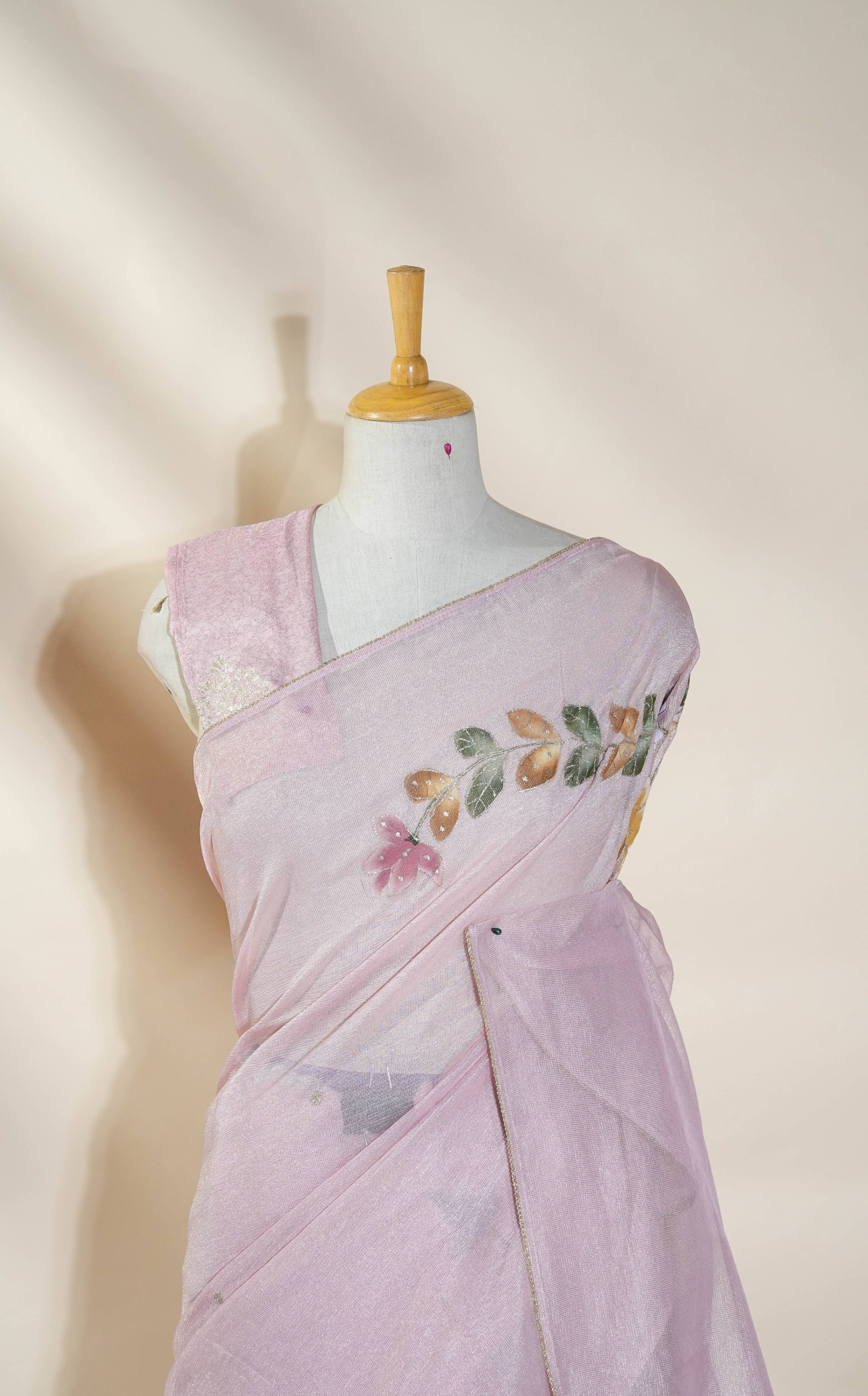 Pink Printed Embroidery Tissue Saree