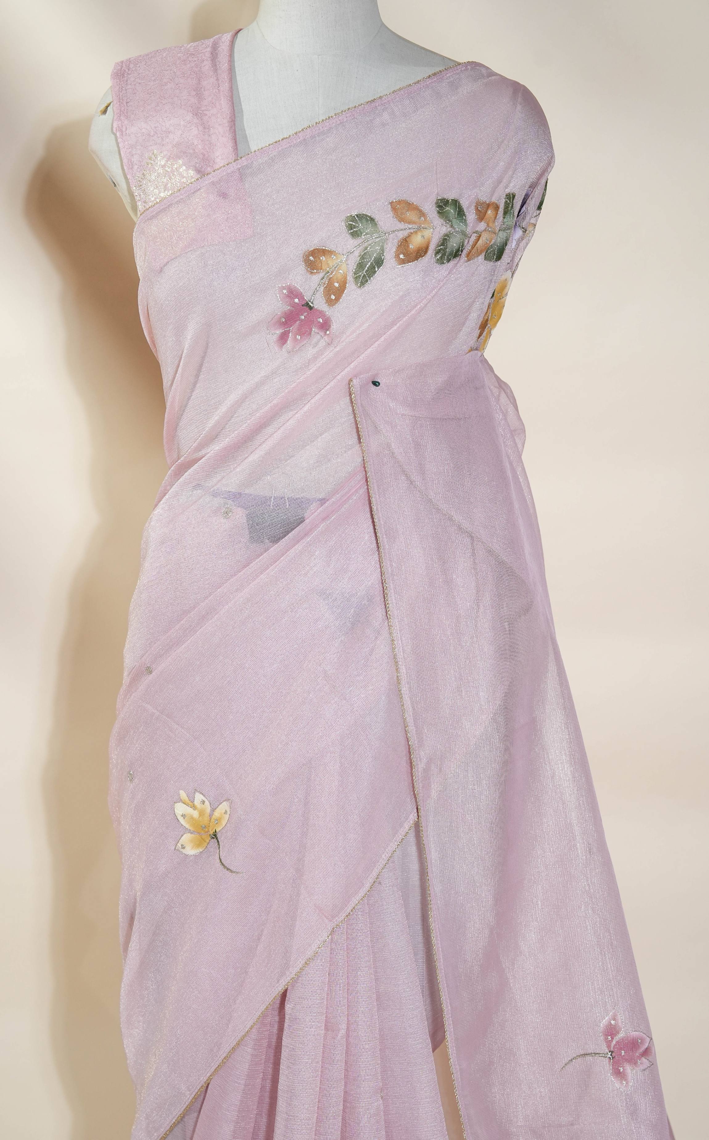 Pink Printed Embroidery Tissue Saree