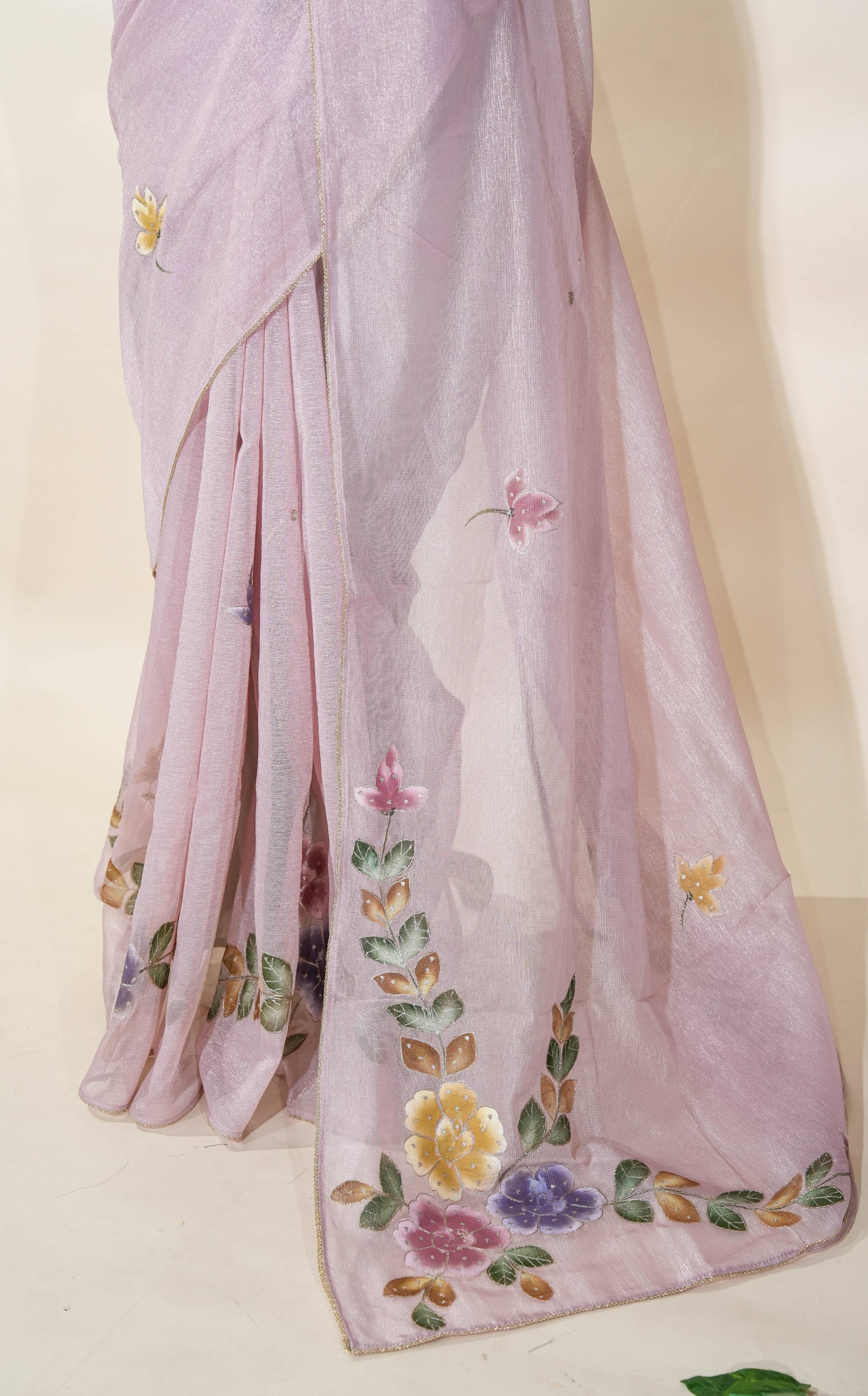 Pink Printed Embroidery Tissue Saree