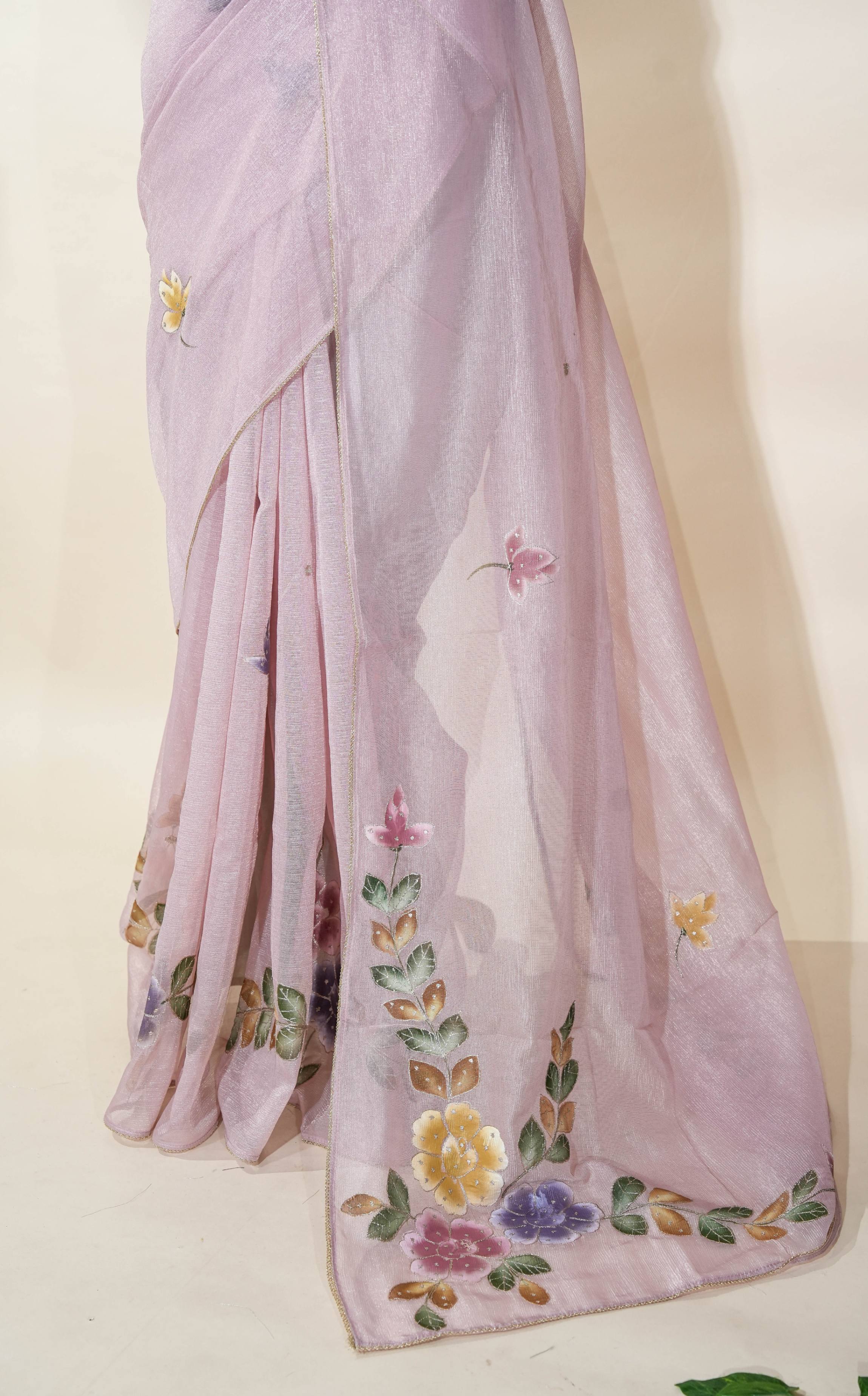 Pink Printed Embroidery Tissue Saree