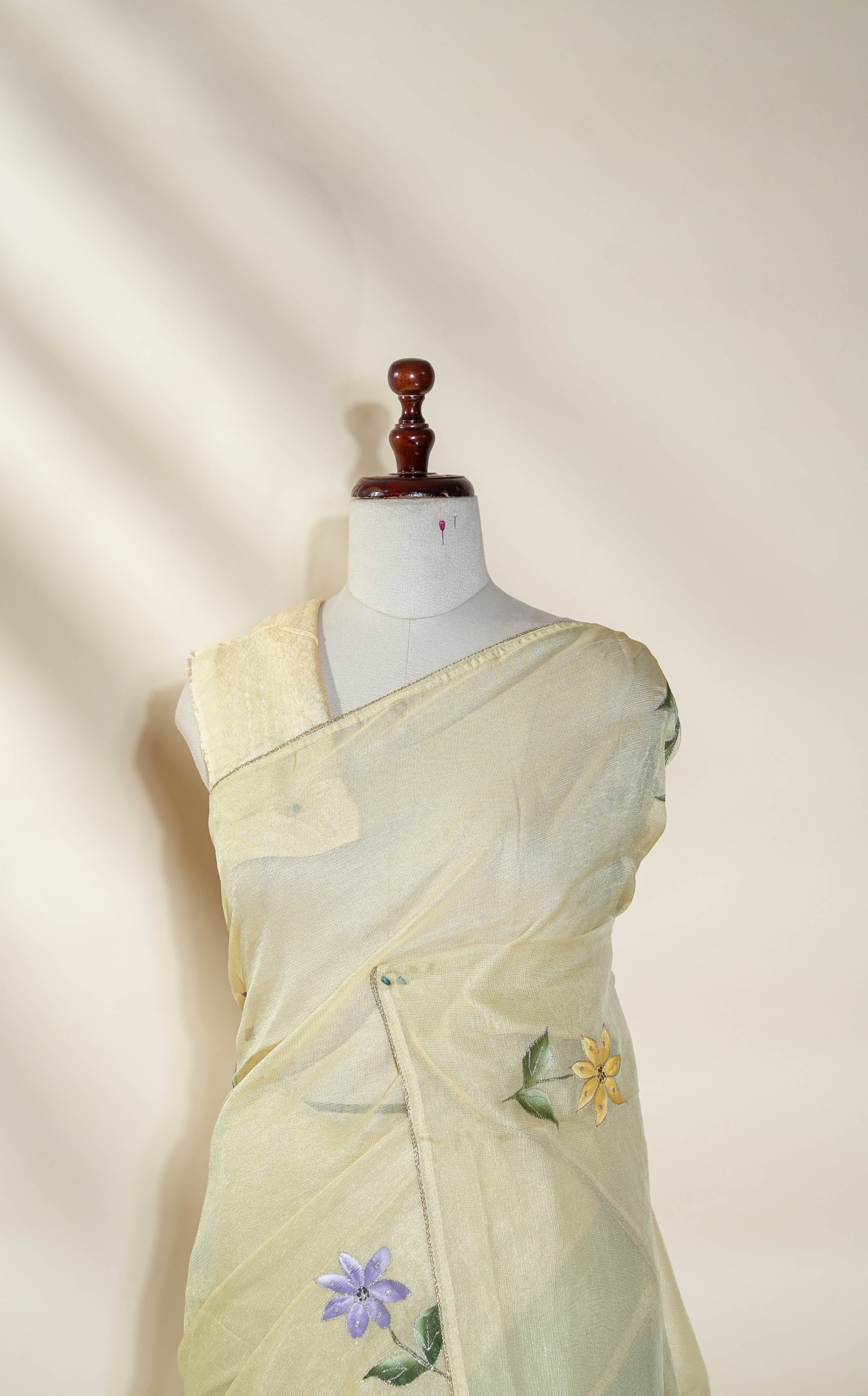 Gold Printed Embroidery Tissue Saree