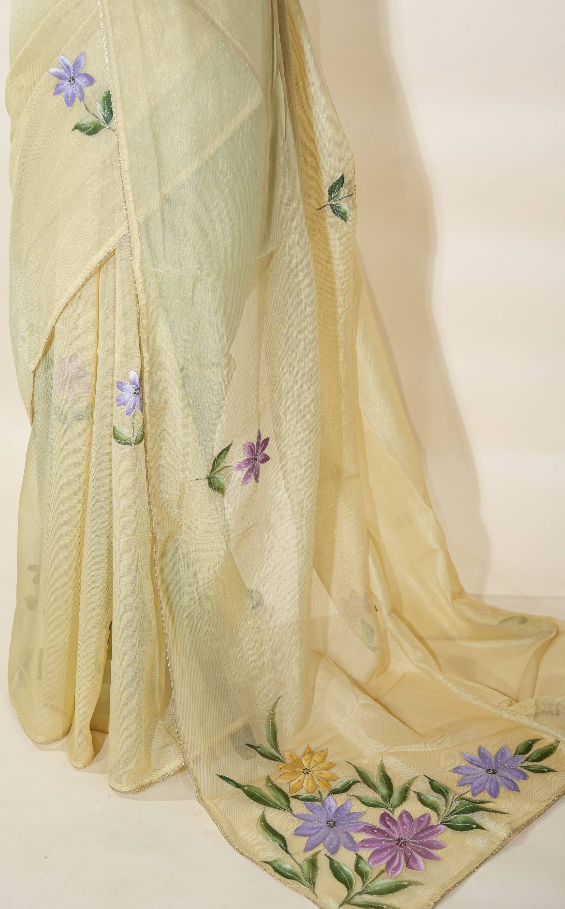 Gold Printed Embroidery Tissue Saree