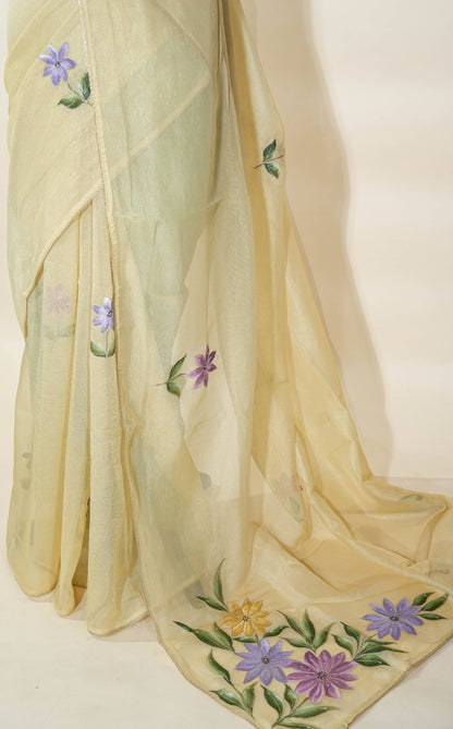 Gold Printed Embroidery Tissue Saree