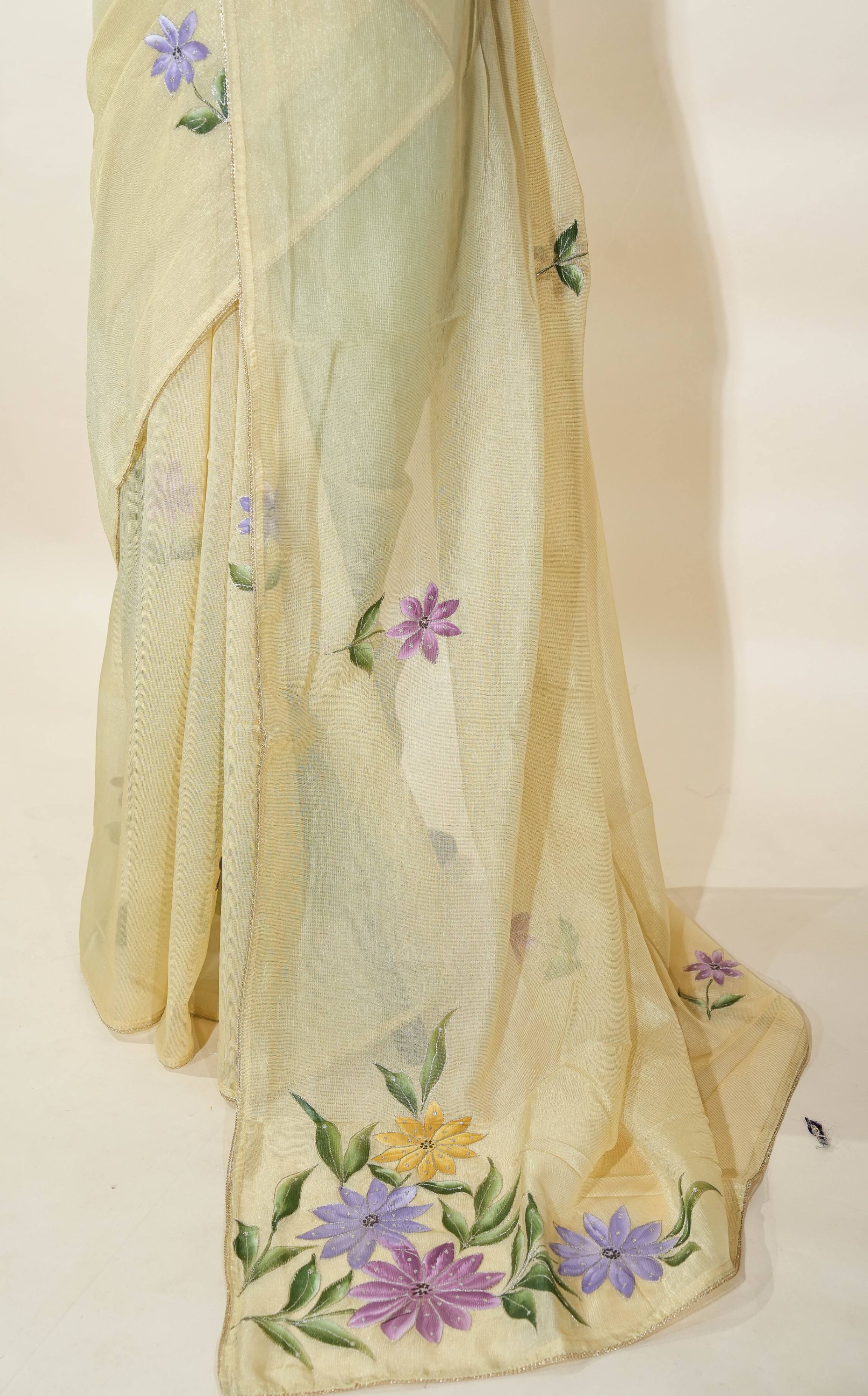 Gold Printed Embroidery Tissue Saree