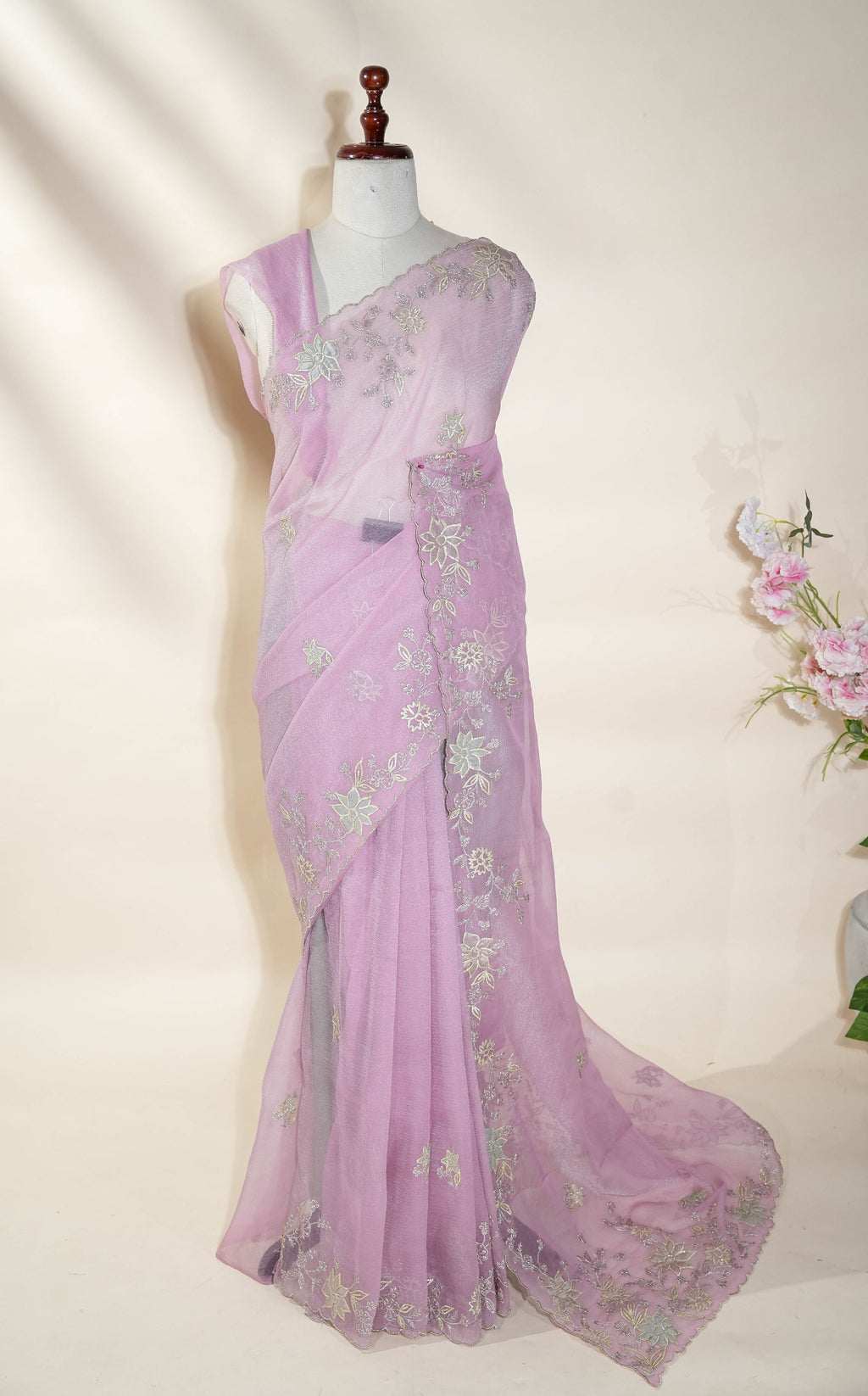 Pink Embroidery Organza Saree