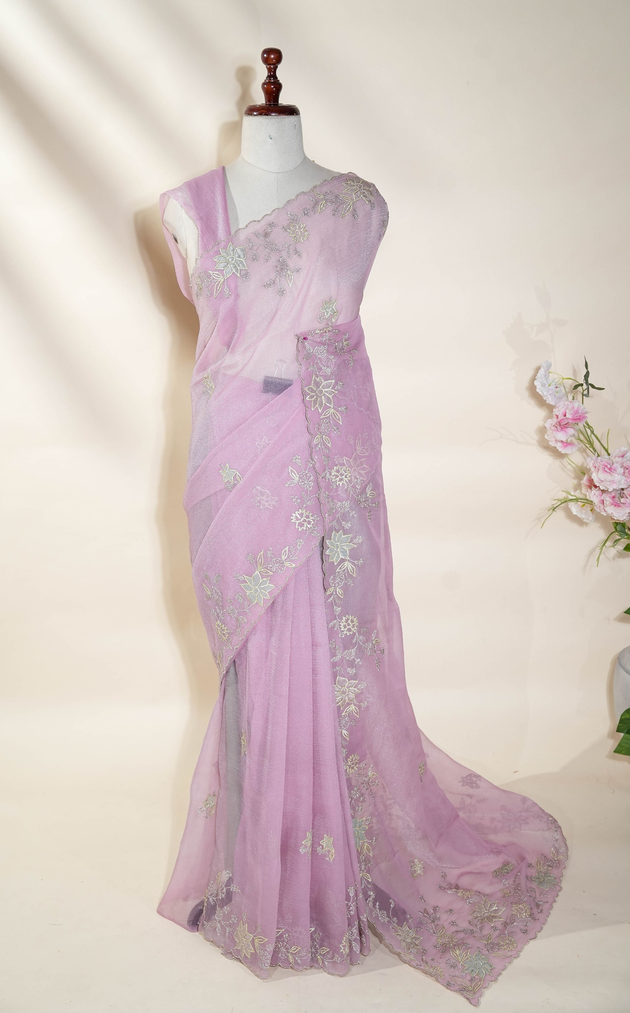 Pink Embroidery Organza Saree