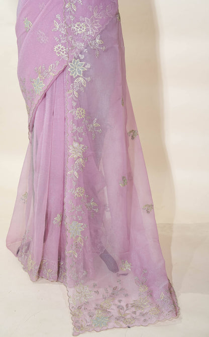 Pink Embroidery Organza Saree