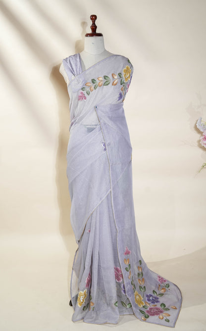 Purple Printed Embroidery Tissue Saree