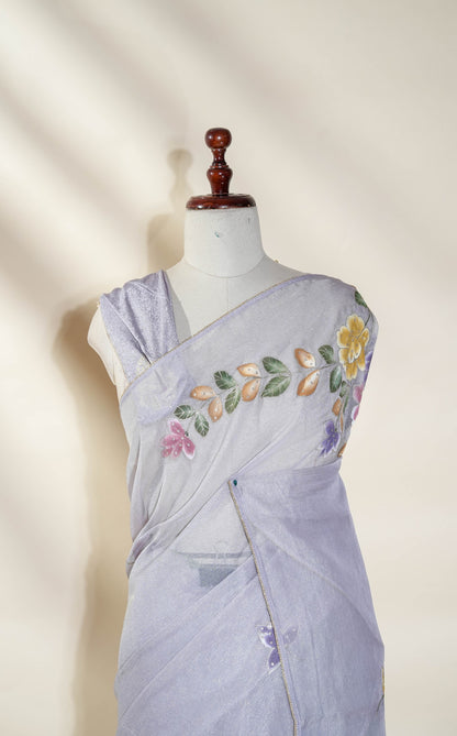 Purple Printed Embroidery Tissue Saree