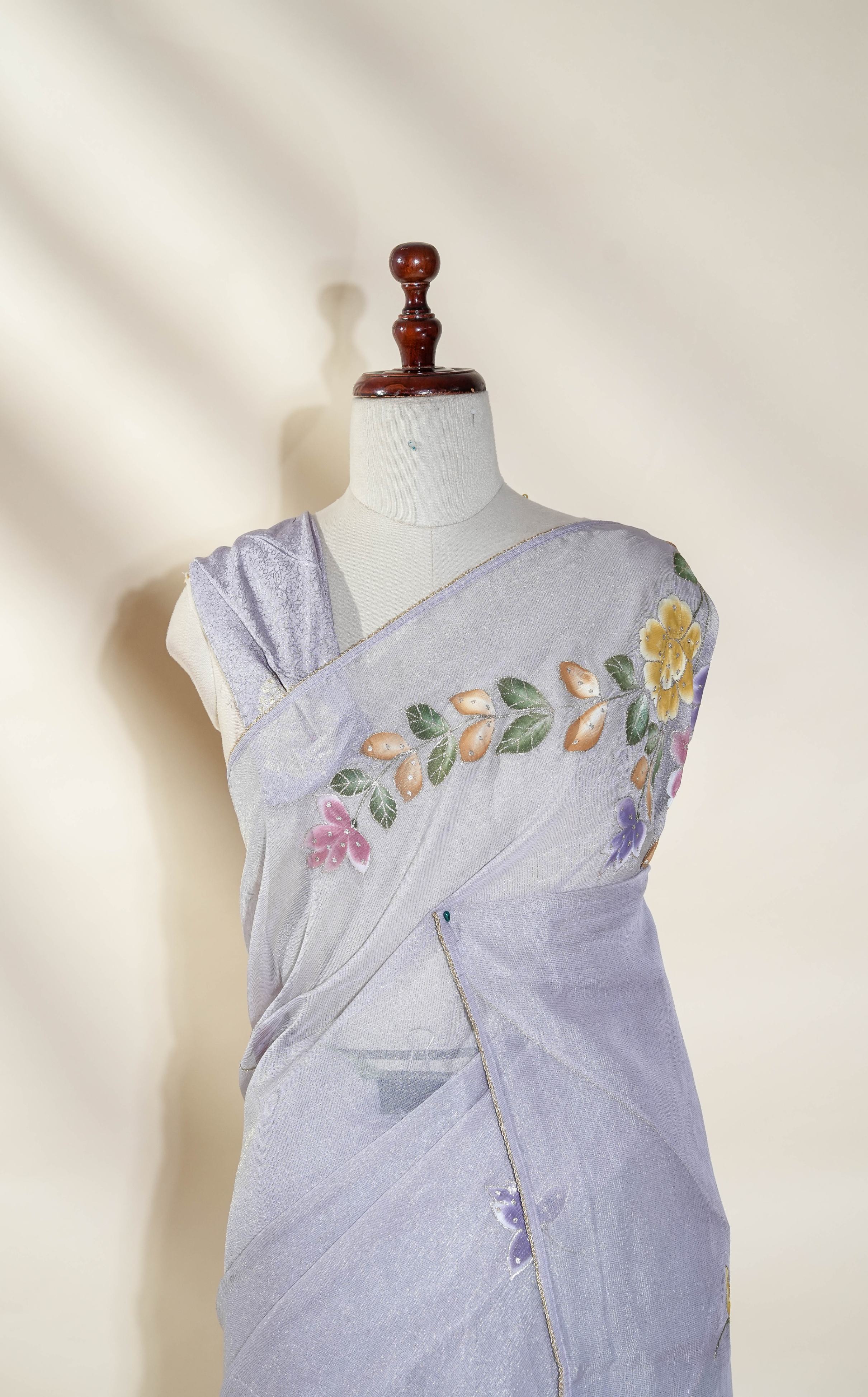 Purple Printed Embroidery Tissue Saree