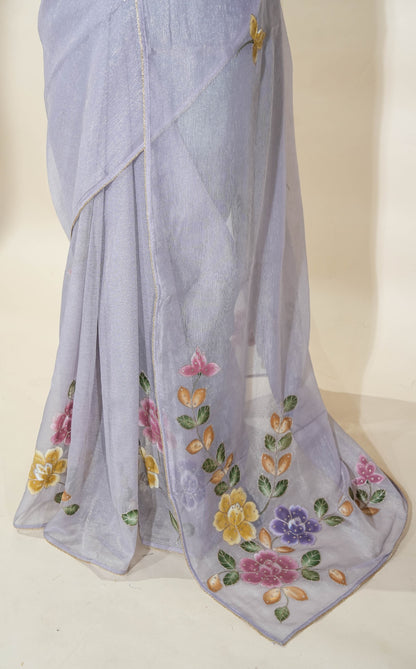 Purple Printed Embroidery Tissue Saree