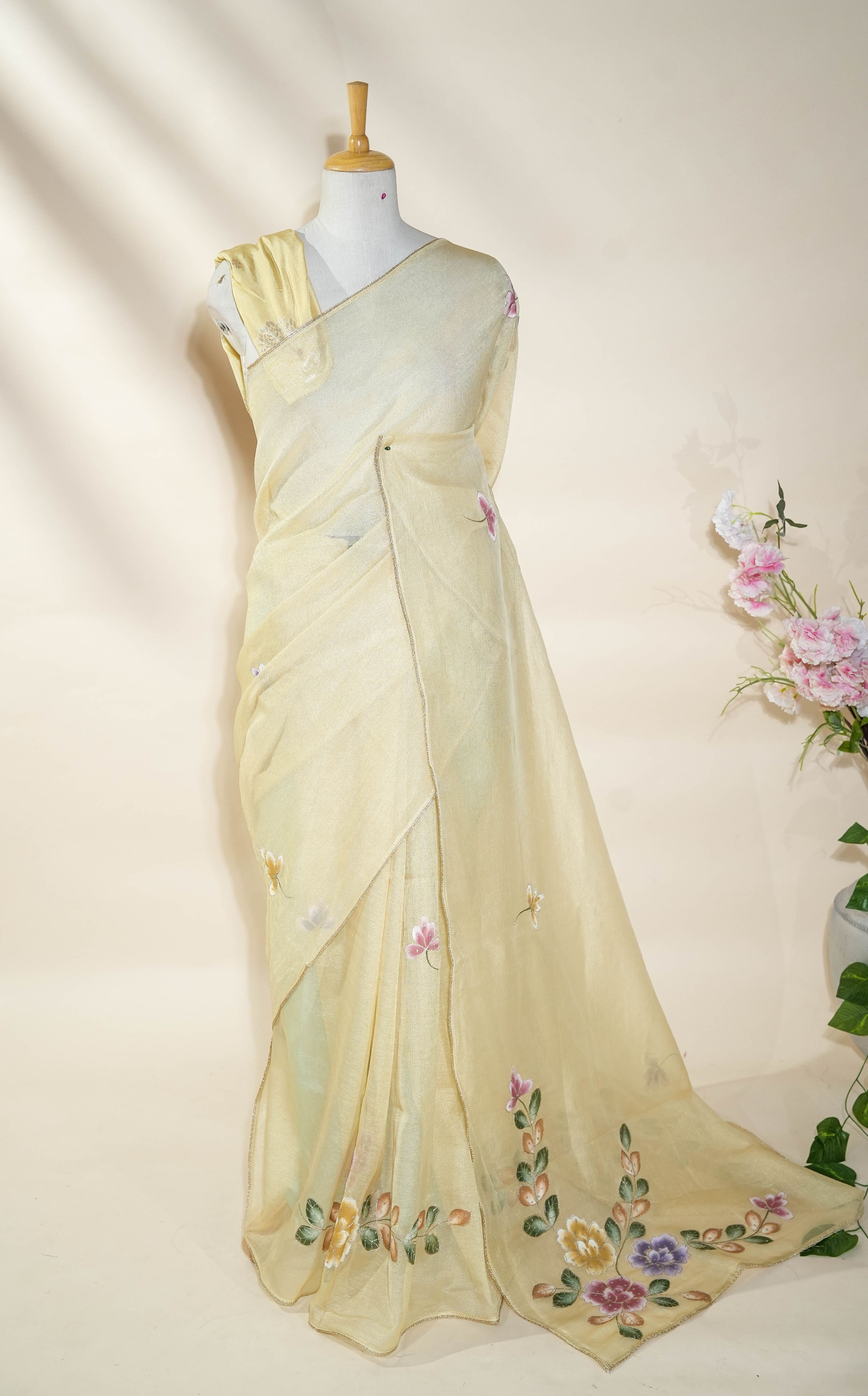 Gold Printed Embroidery Tissue Saree