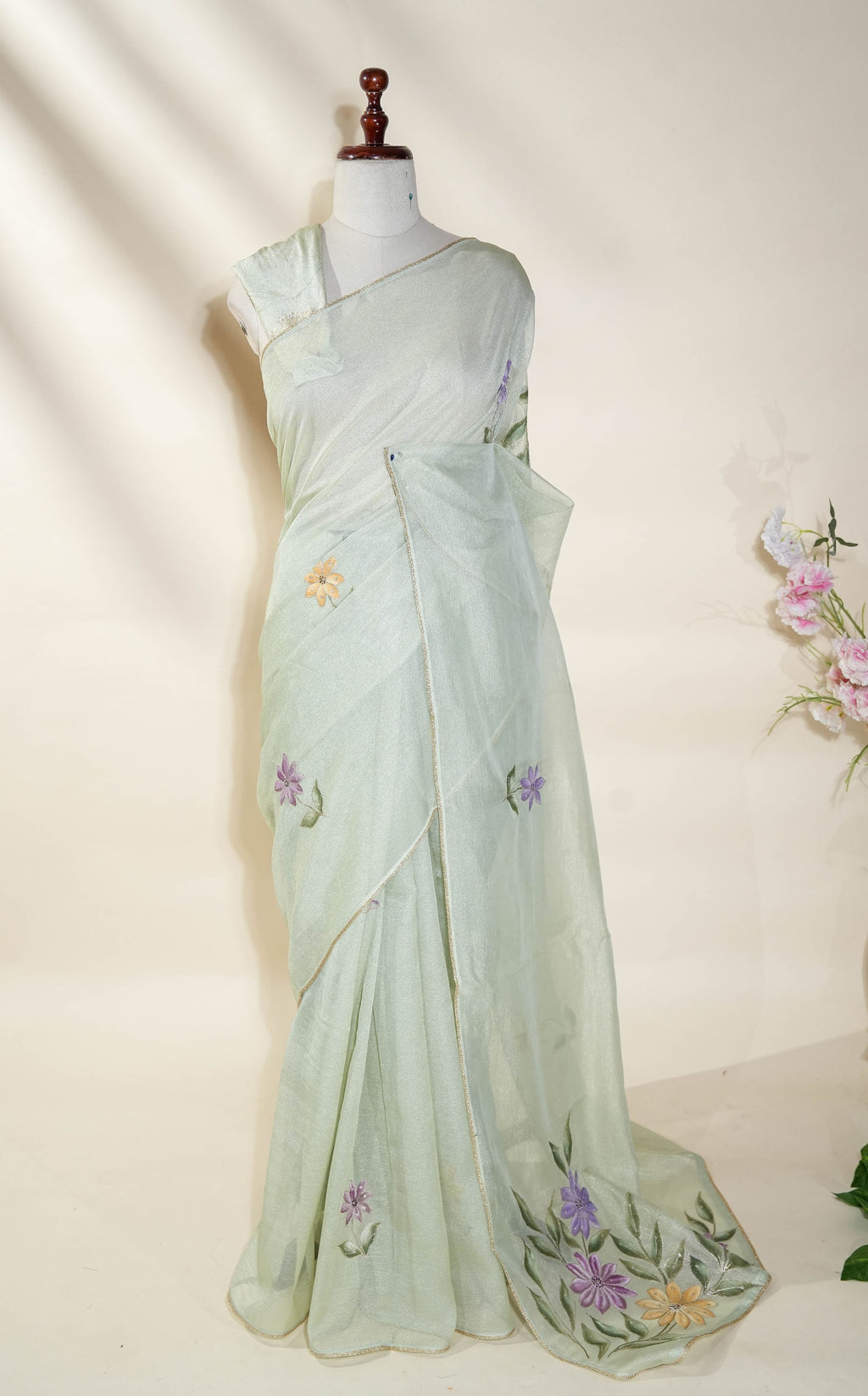 Pastel Printed Embroidery Tissue Saree