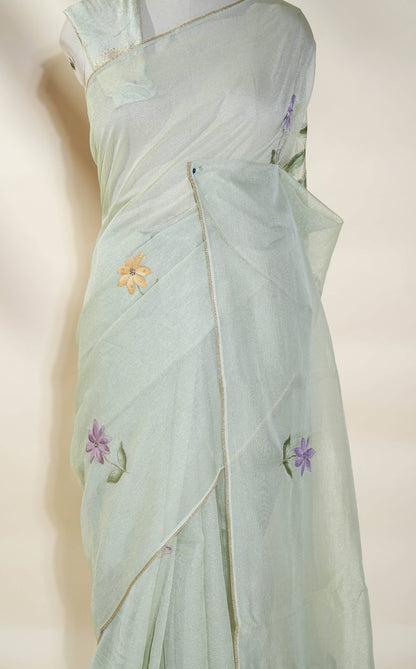 Pastel Printed Embroidery Tissue Saree