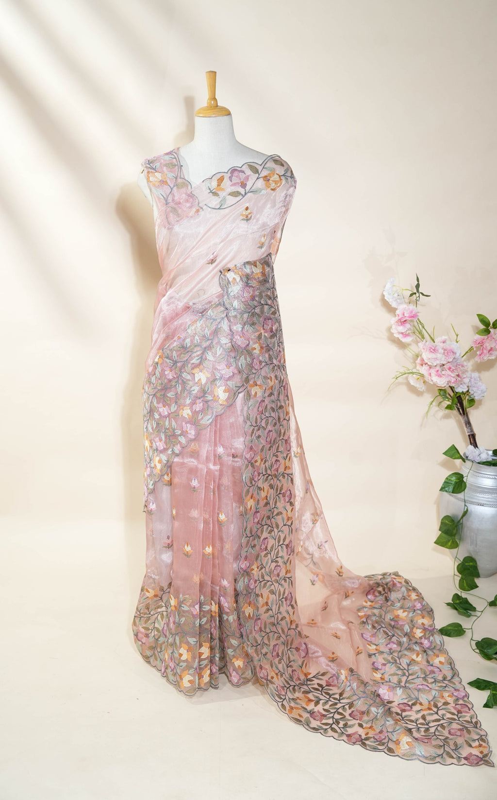 Pink Embroidery Organza Saree