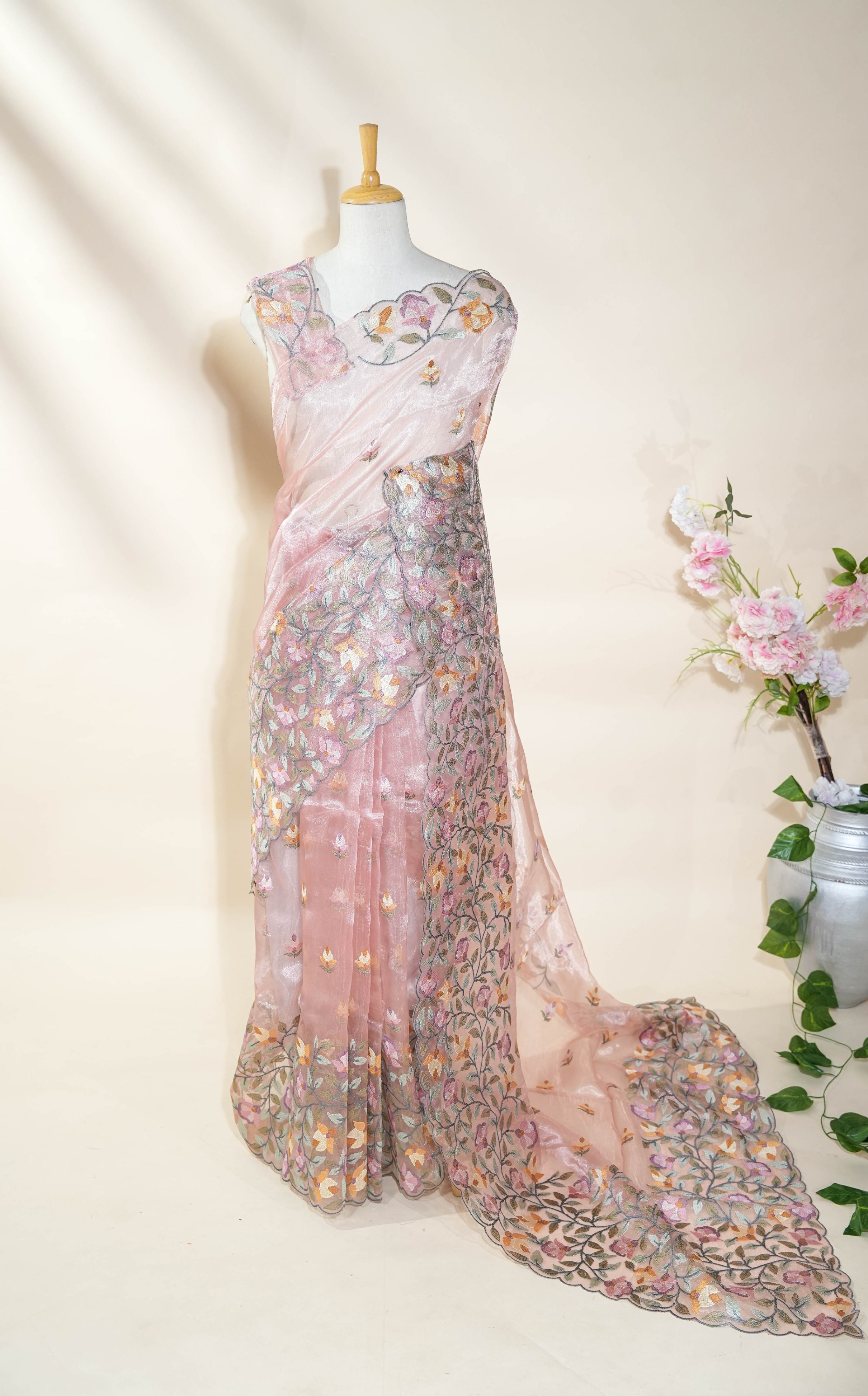 Pink Embroidery Organza Saree