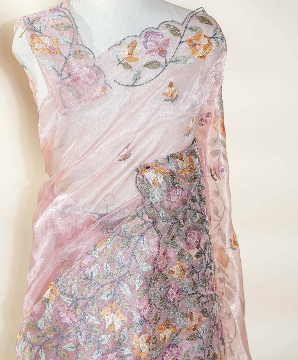 Pink Embroidery Organza Saree