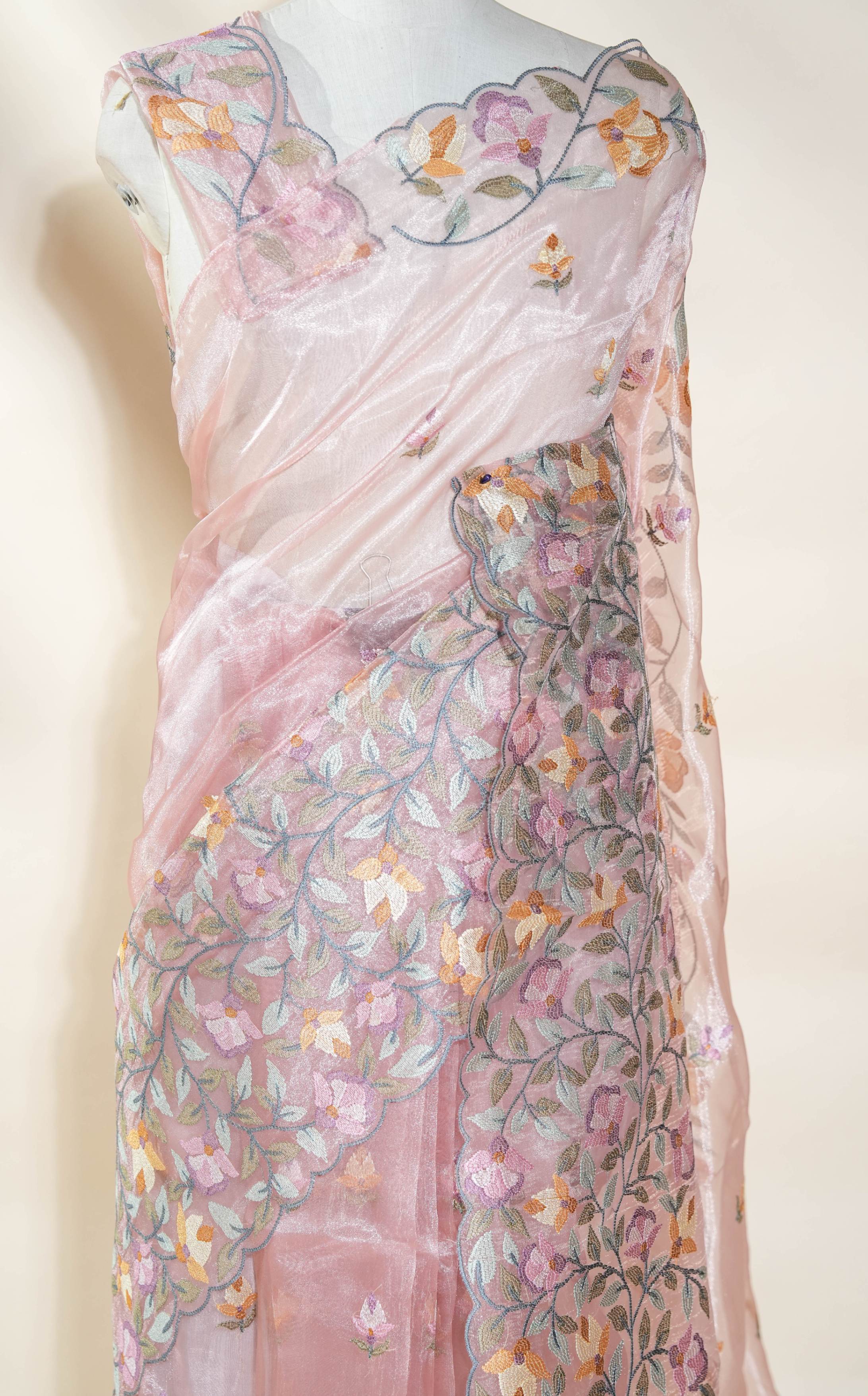 Pink Embroidery Organza Saree